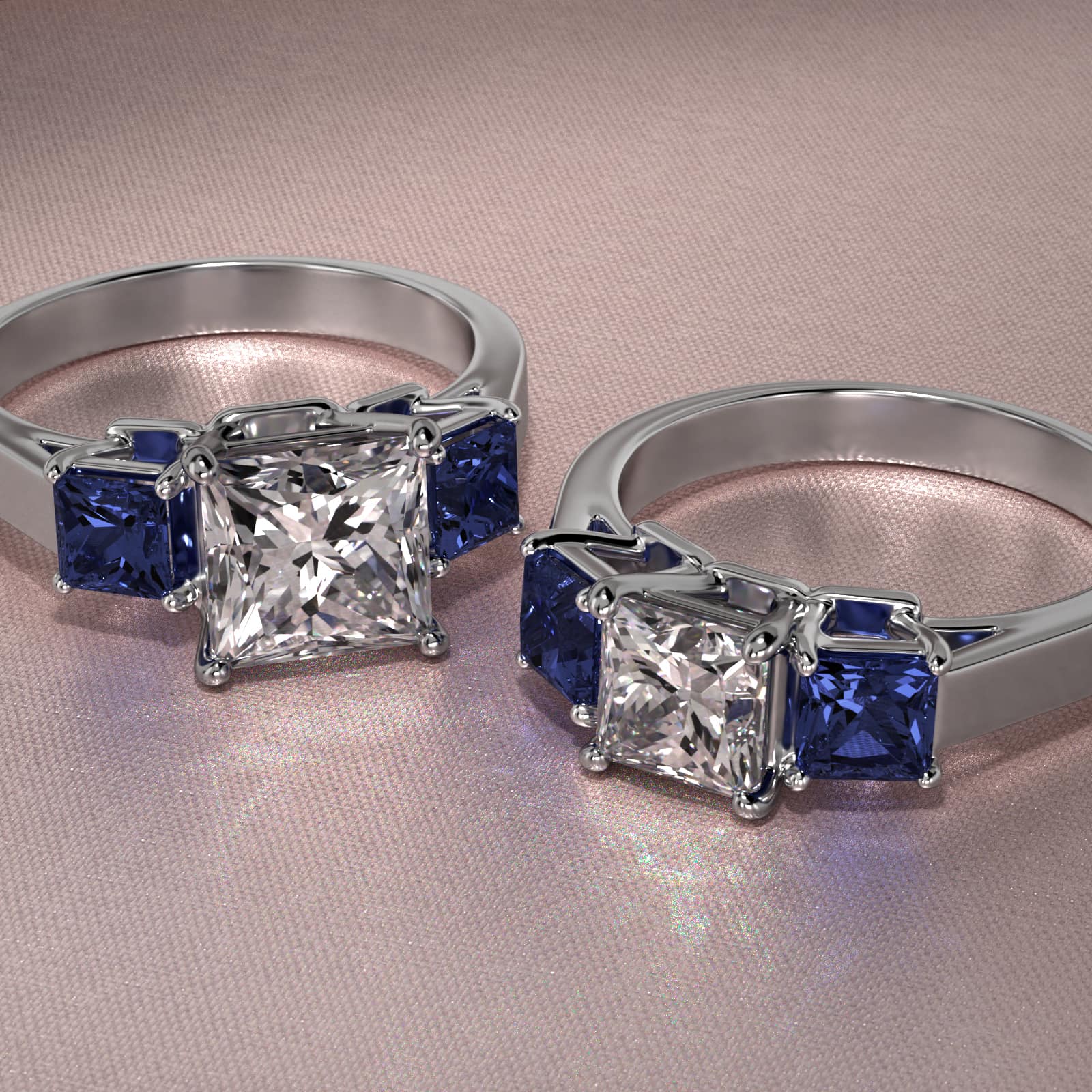 Princess Cut Blue Sapphire Three Stone Engagement Ring In Platinum