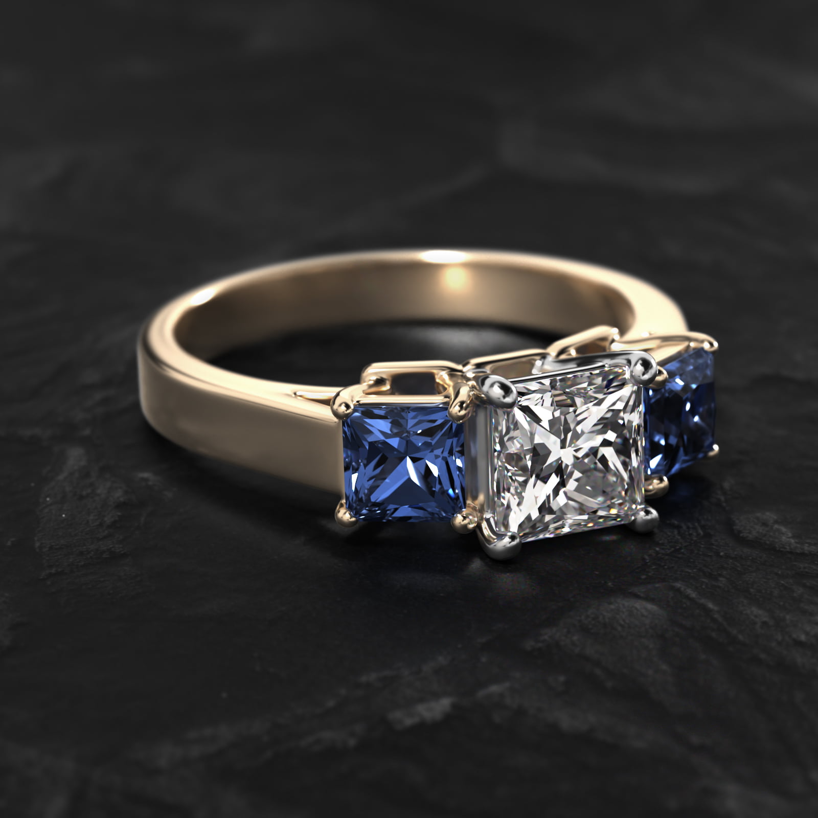 Princess Cut Blue Sapphire Three Stone Engagement Ring In 18K Yellow Gold