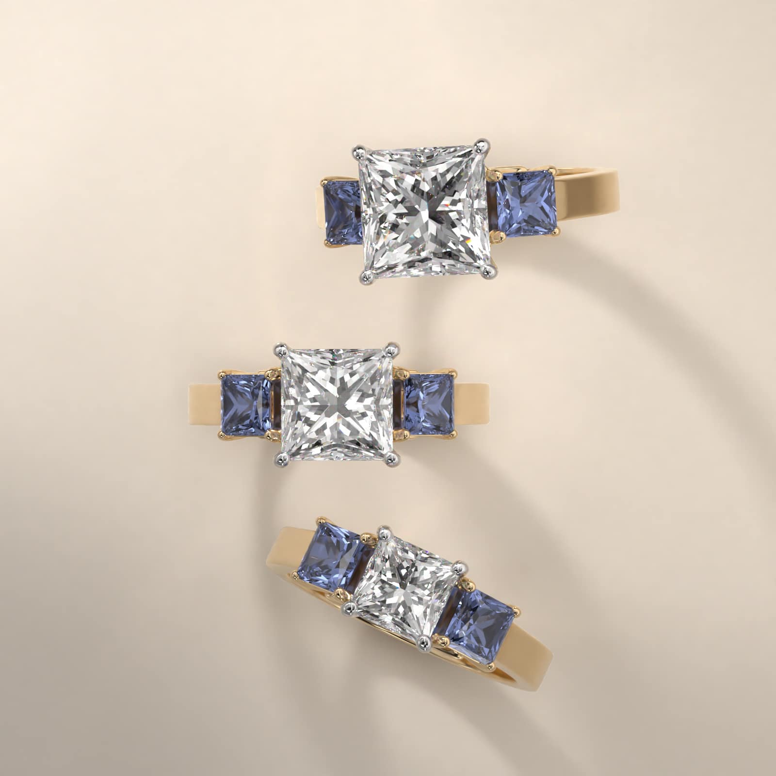 Princess Cut Blue Sapphire Three Stone Engagement Ring In 14K Yellow Gold