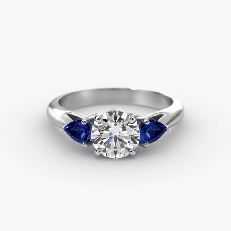 Pear Shaped Blue Sapphire Three Stone Engagement Ring In 14K White Gold
