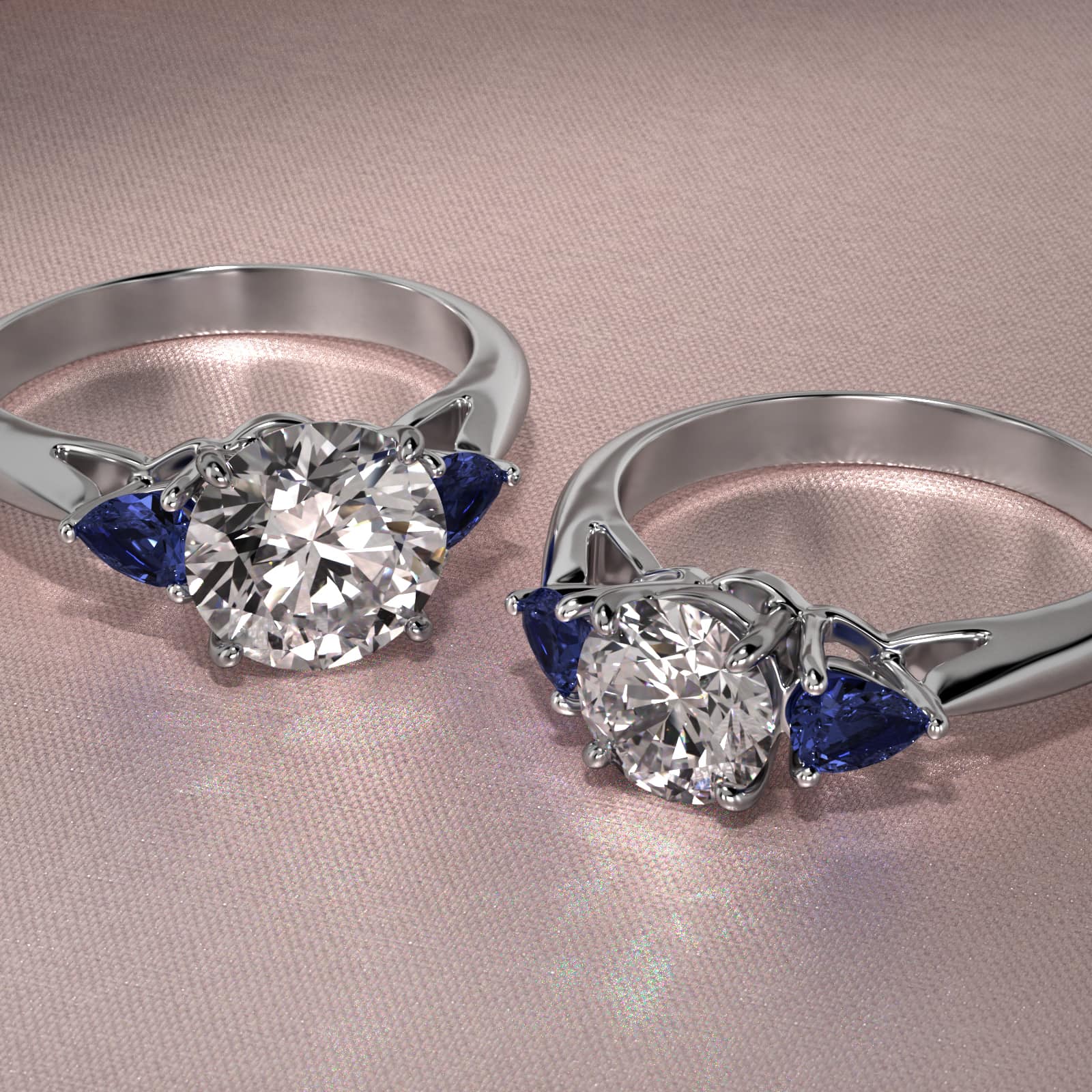 Pear Shaped Blue Sapphire Three Stone Engagement Ring In Platinum