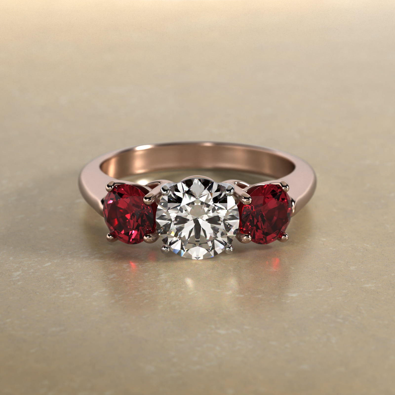 Round Ruby Three Stone Engagement Ring In 14K Rose Gold