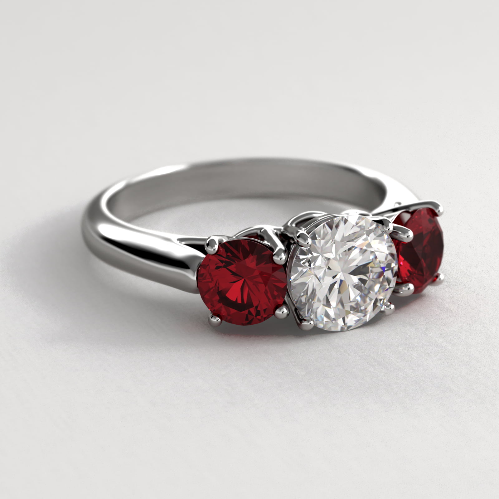 Round Ruby Three Stone Engagement Ring In 14K White Gold
