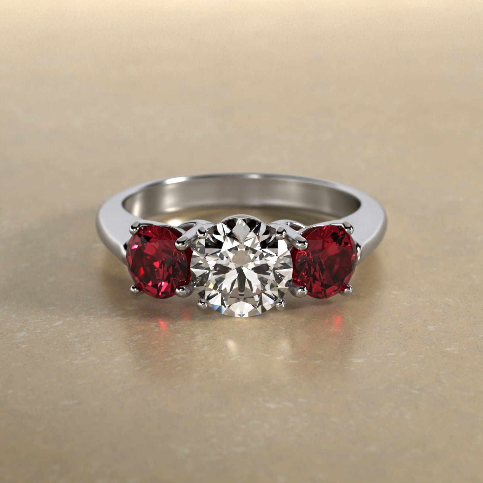 Round Ruby Three Stone Engagement Ring In 18K White Gold