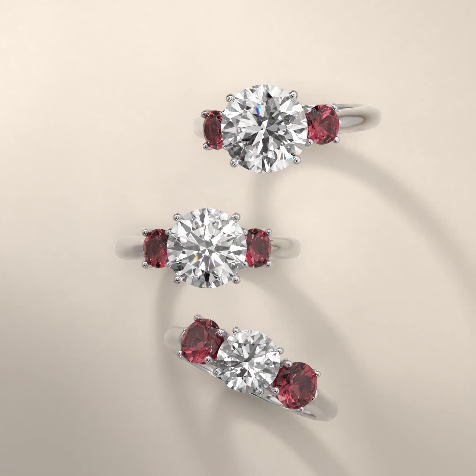 Round Ruby Three Stone Engagement Ring In Platinum