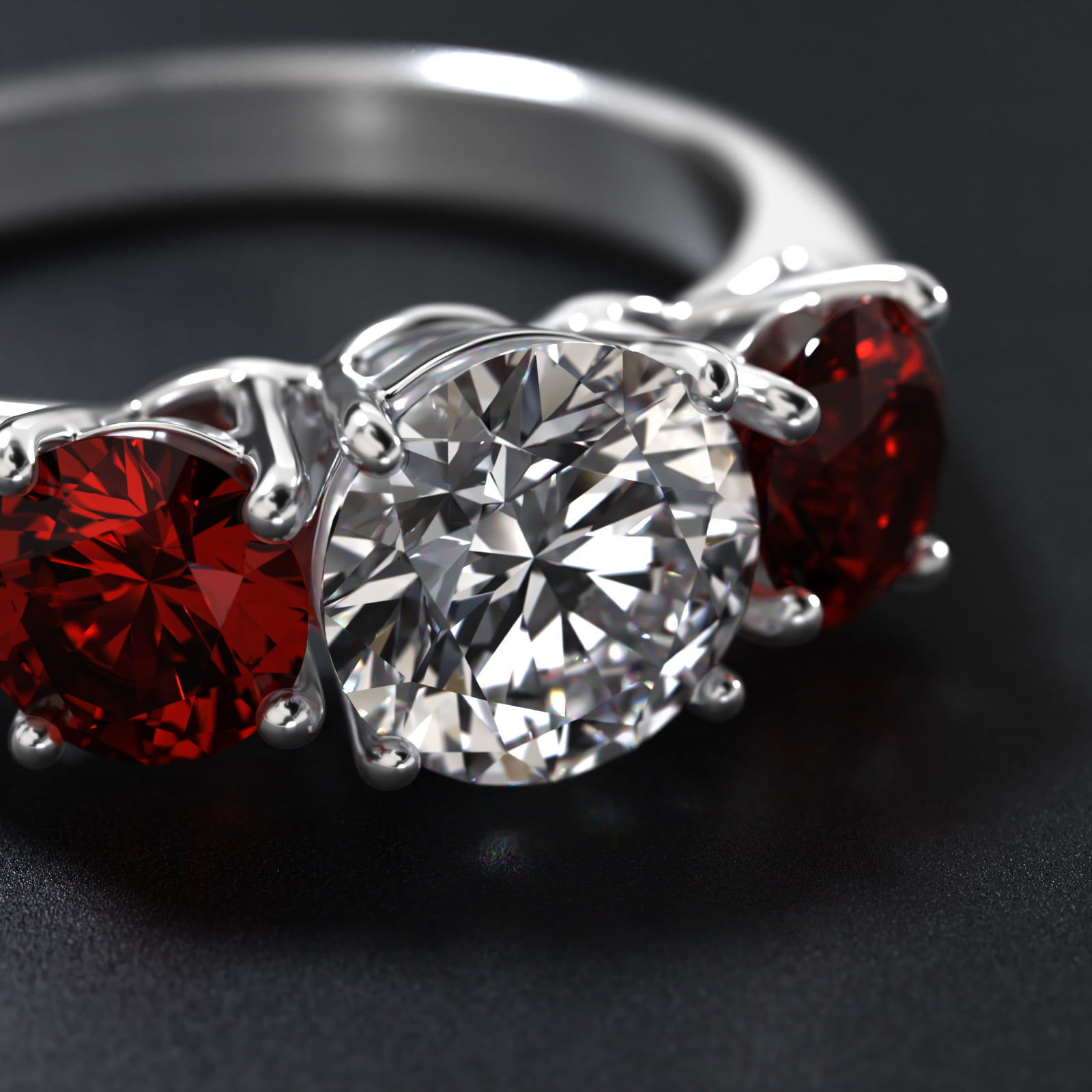Round Ruby Three Stone Engagement Ring In 18K White Gold