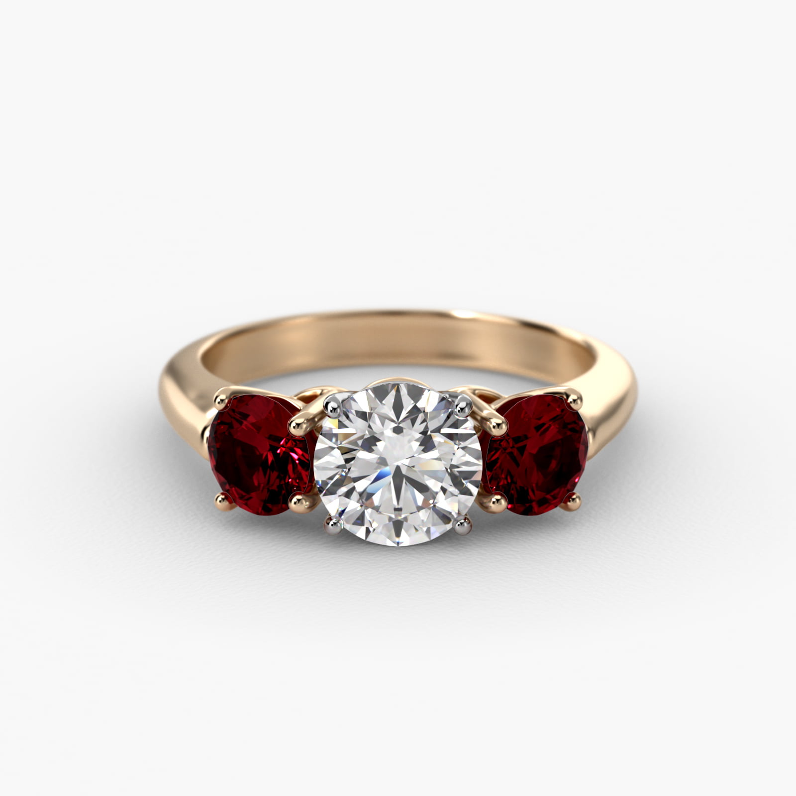 Round Ruby Three Stone Engagement Ring In 14K Yellow Gold