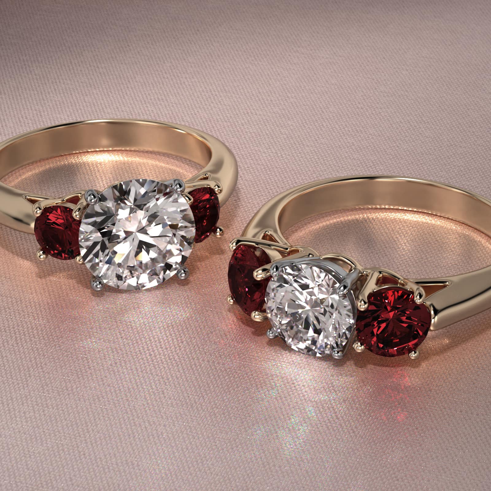 Round Ruby Three Stone Engagement Ring In 14K Yellow Gold
