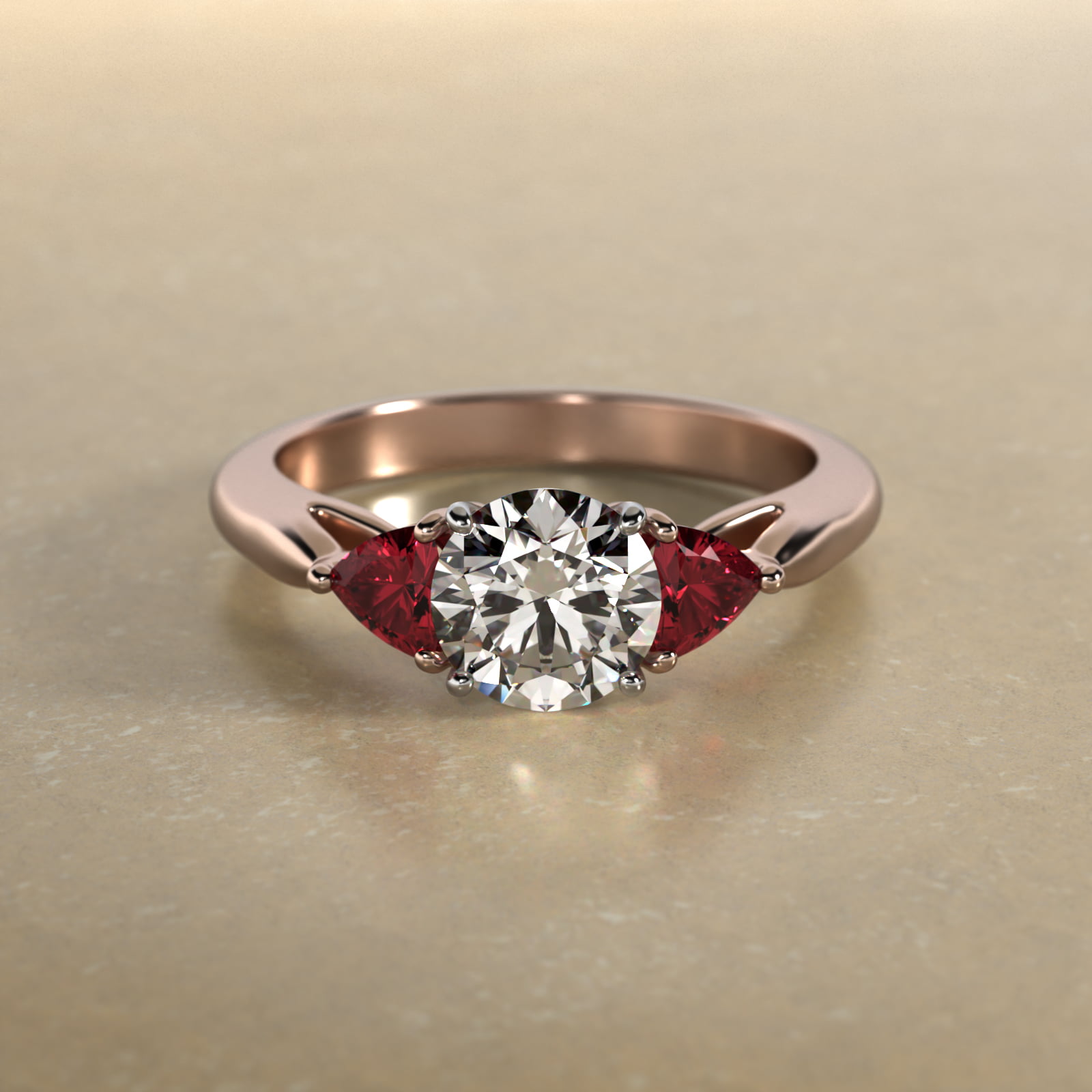 Trillion Cut Ruby Three Stone Engagement Ring In 14K Rose Gold
