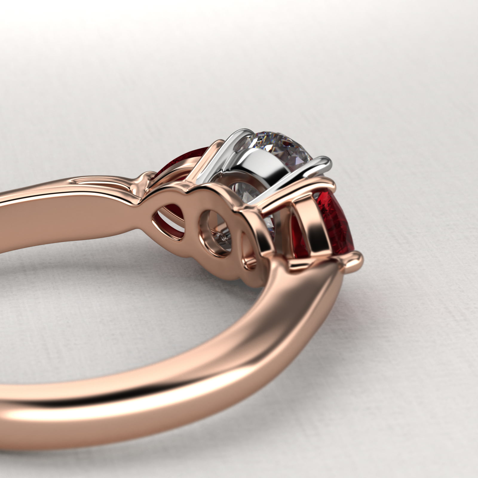 Trillion Cut Ruby Three Stone Engagement Ring In 14K Rose Gold