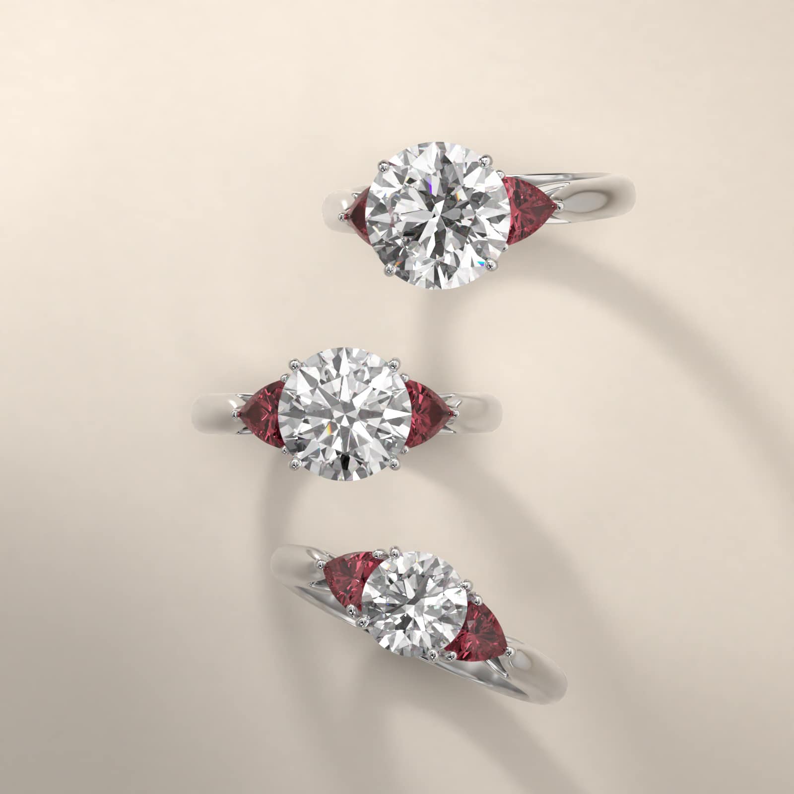 Trillion Cut Ruby Three Stone Engagement Ring In 14K White Gold
