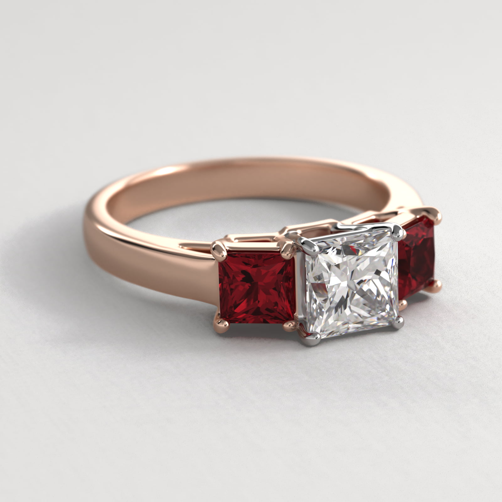 Princess Cut Ruby Three Stone Engagement Ring In 14K Rose Gold