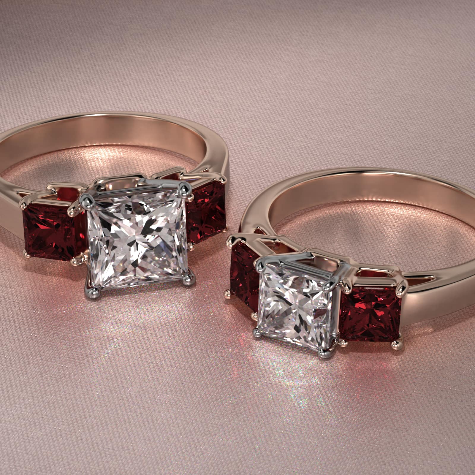 Princess Cut Ruby Three Stone Engagement Ring In 14K Rose Gold