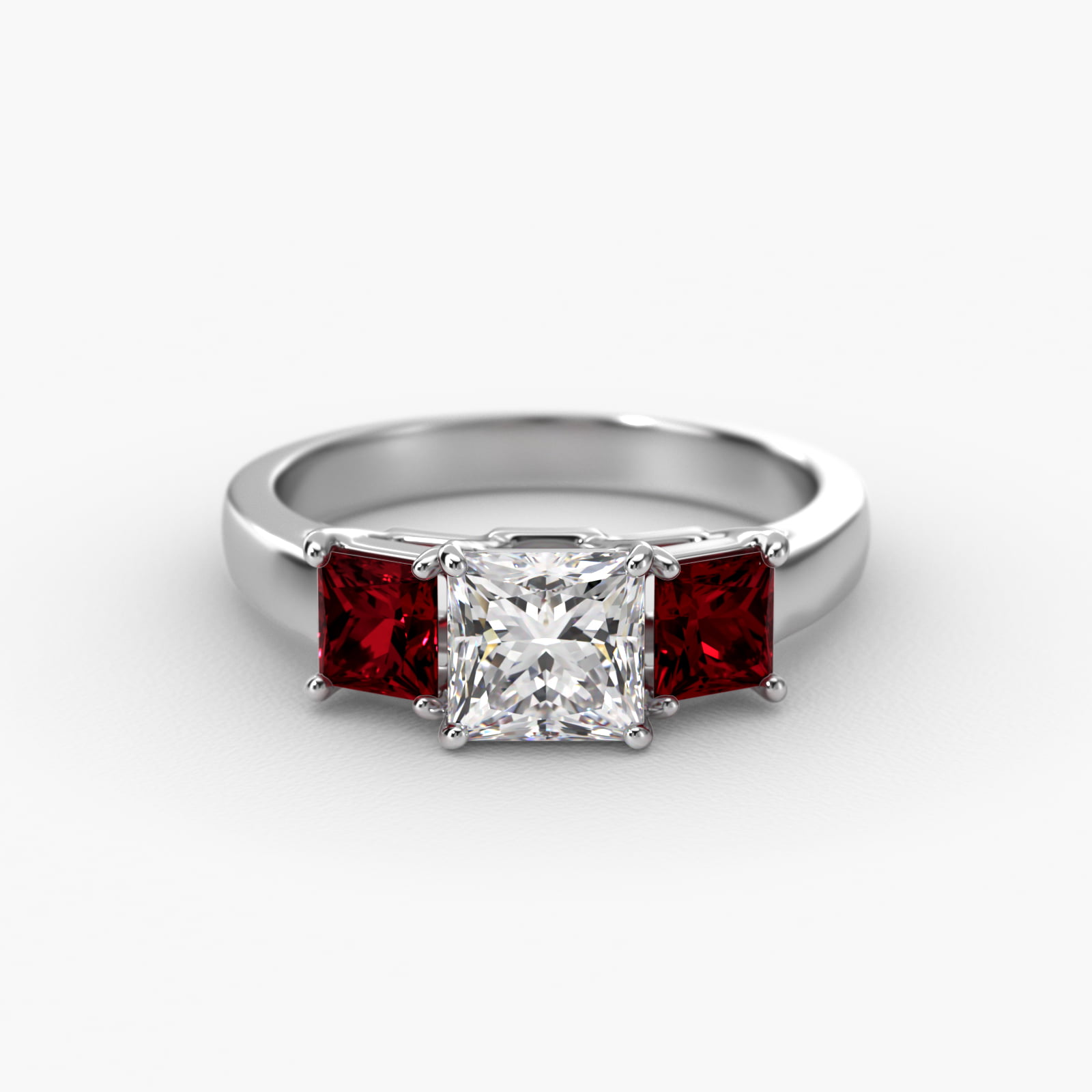 Princess Cut Ruby Three Stone Engagement Ring In 14K White Gold