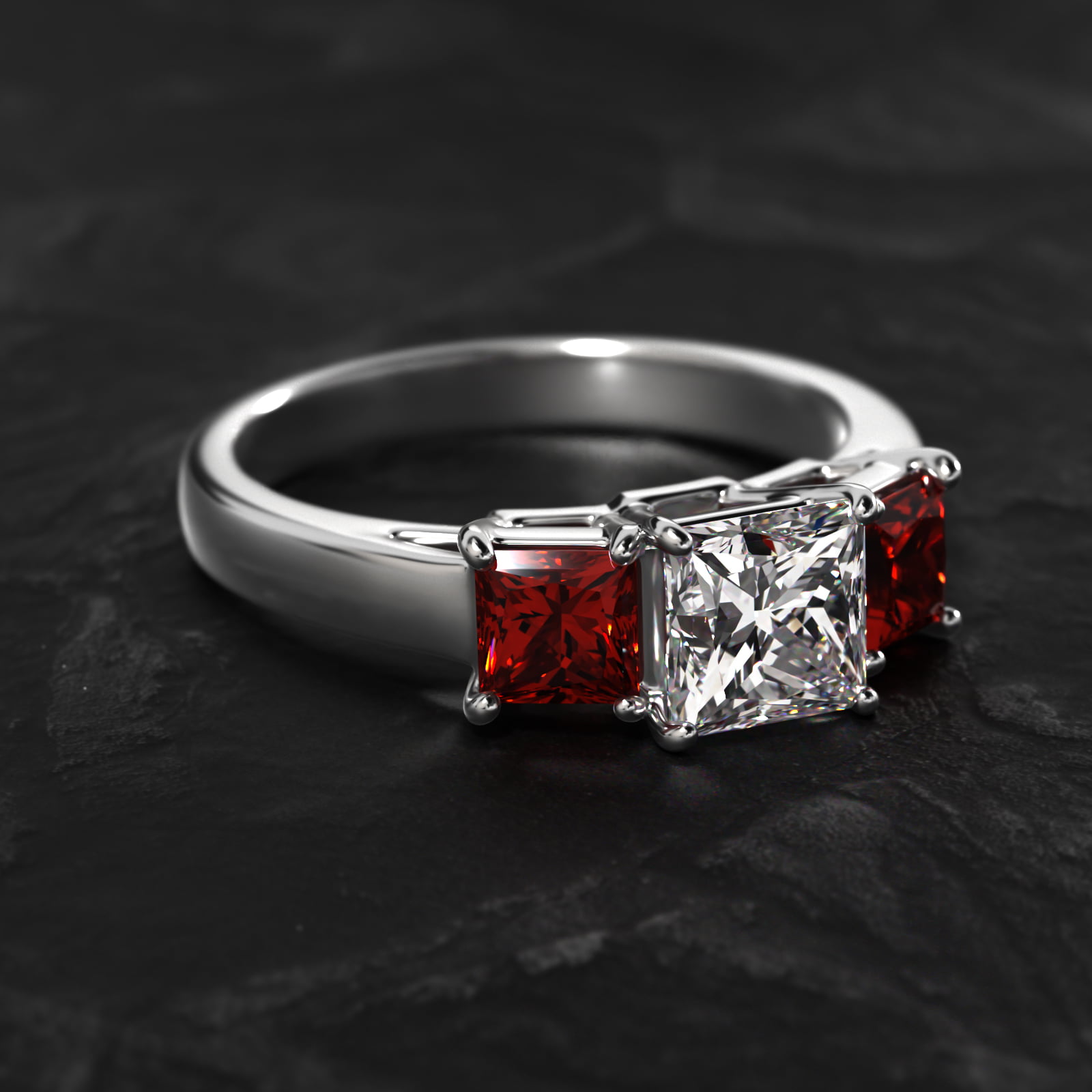 Princess Cut Ruby Three Stone Engagement Ring In Platinum