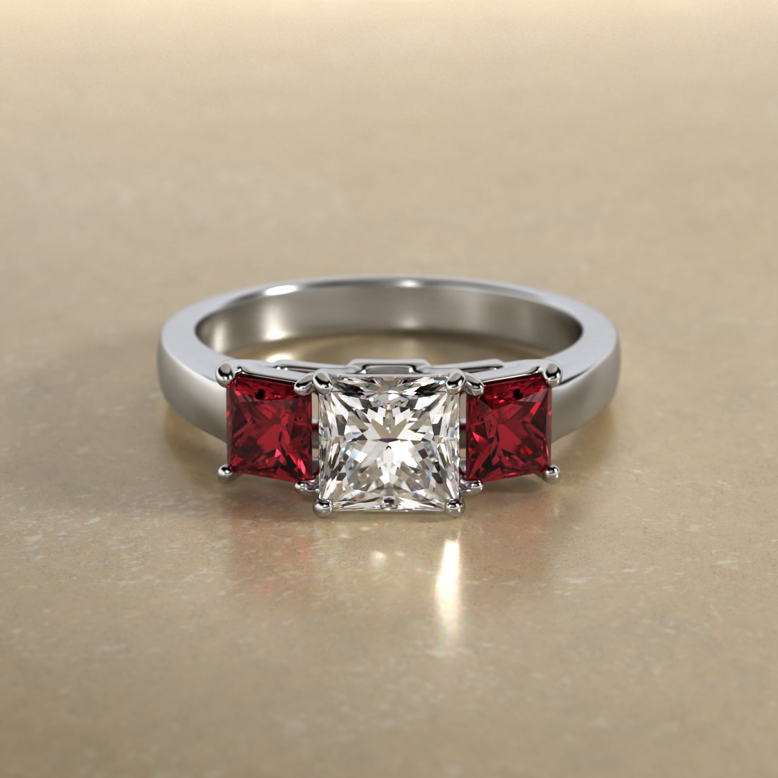 Princess Cut Ruby Three Stone Engagement Ring In 18K White Gold