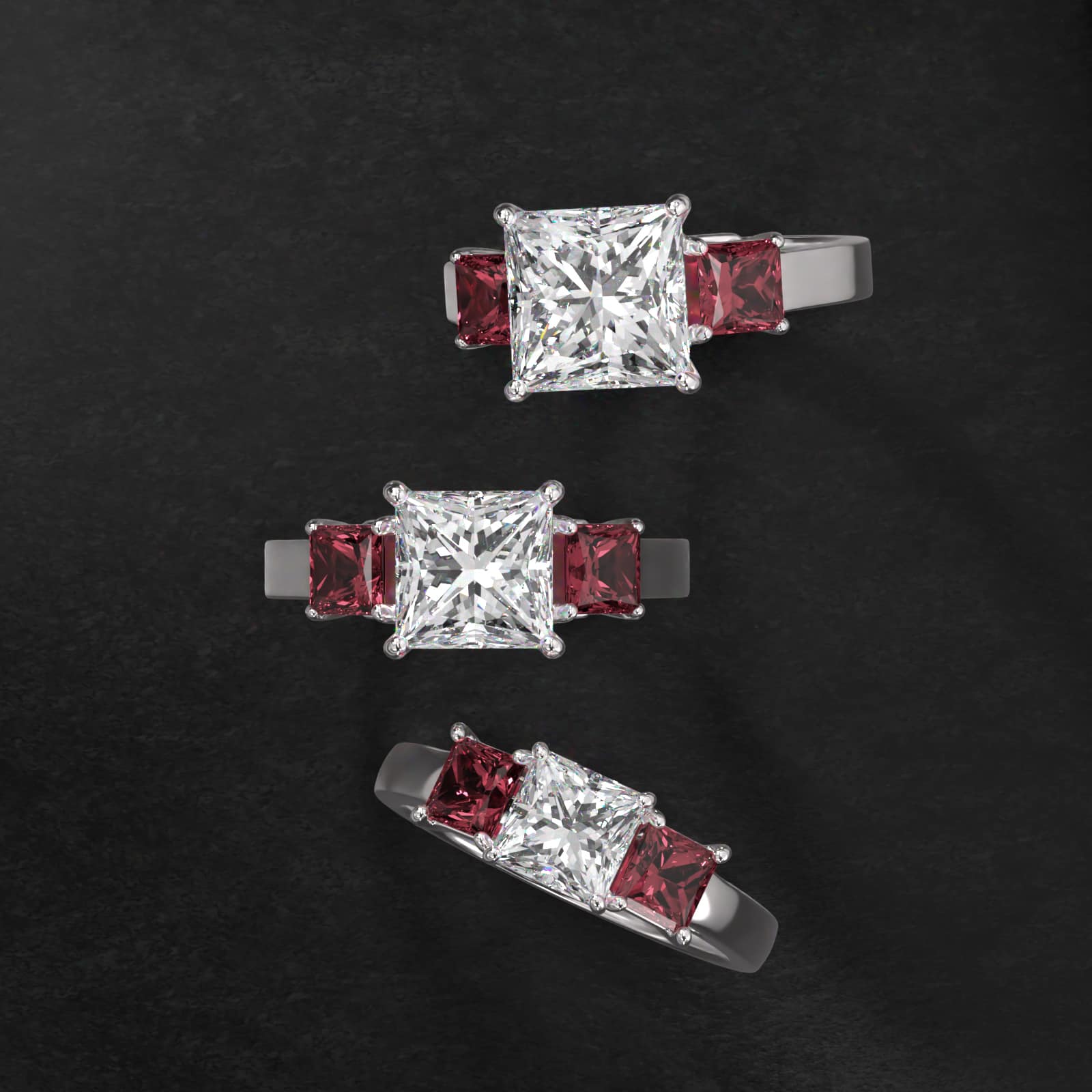 Princess Cut Ruby Three Stone Engagement Ring In 18K White Gold