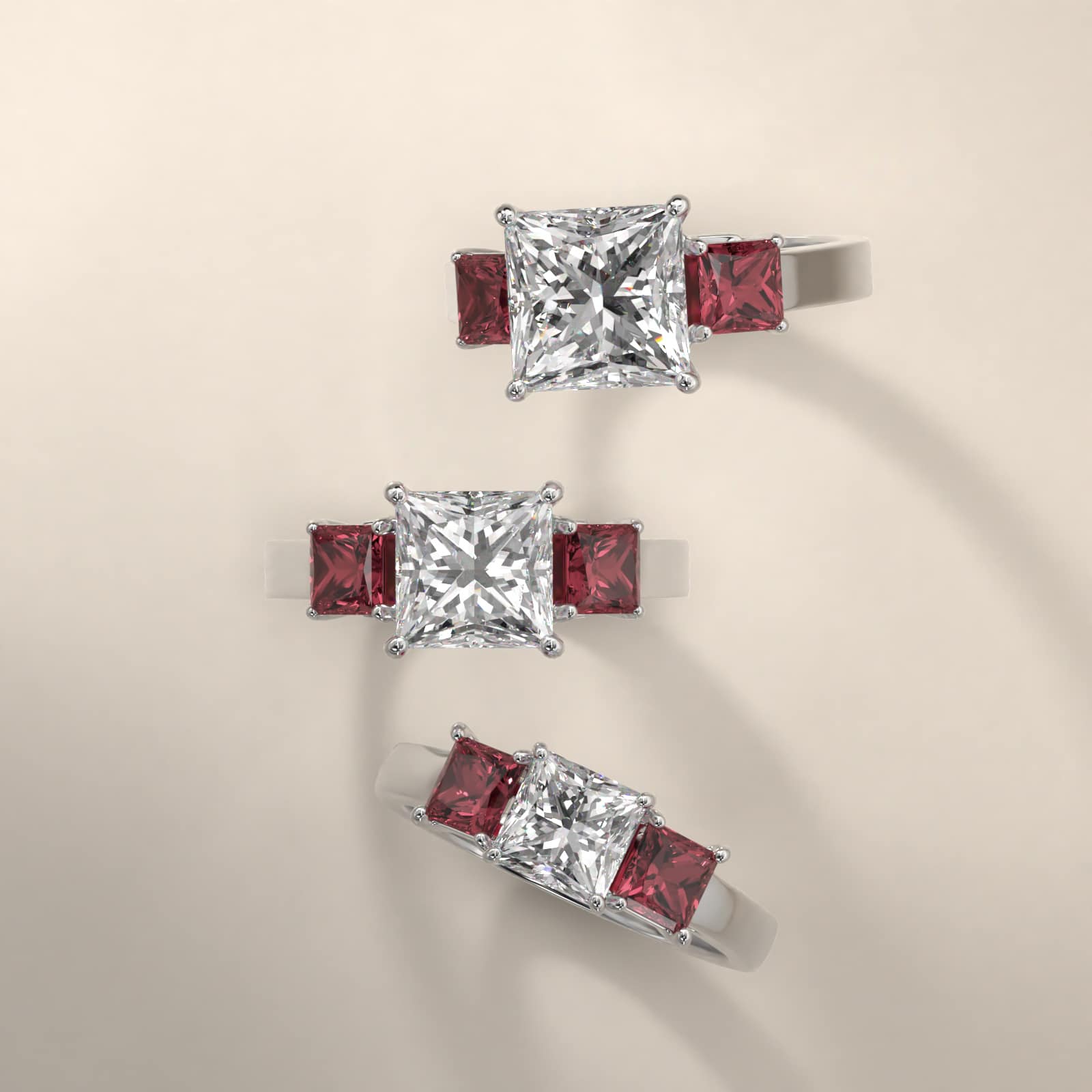 Princess Cut Ruby Three Stone Engagement Ring In Platinum