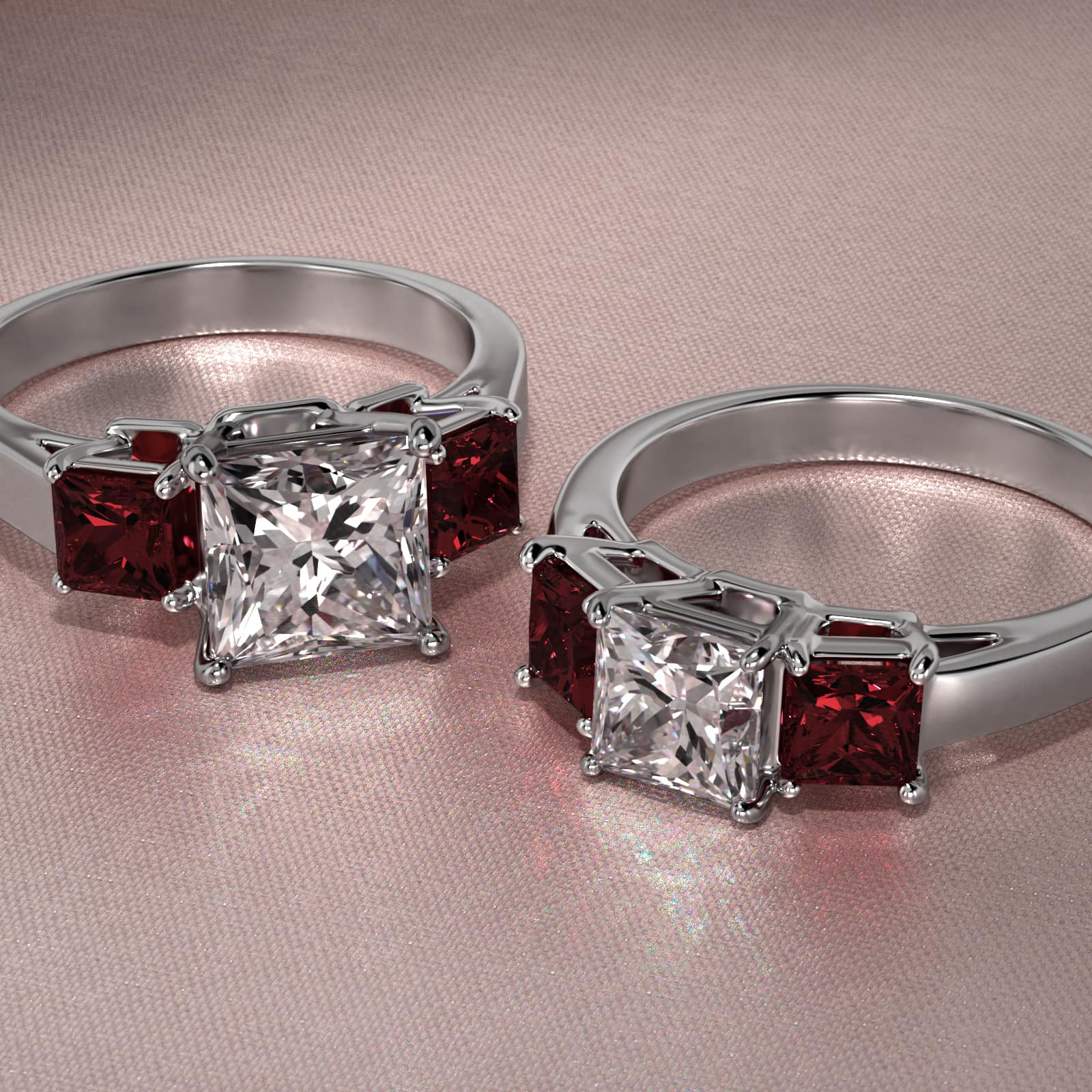 Princess Cut Ruby Three Stone Engagement Ring In 14K White Gold