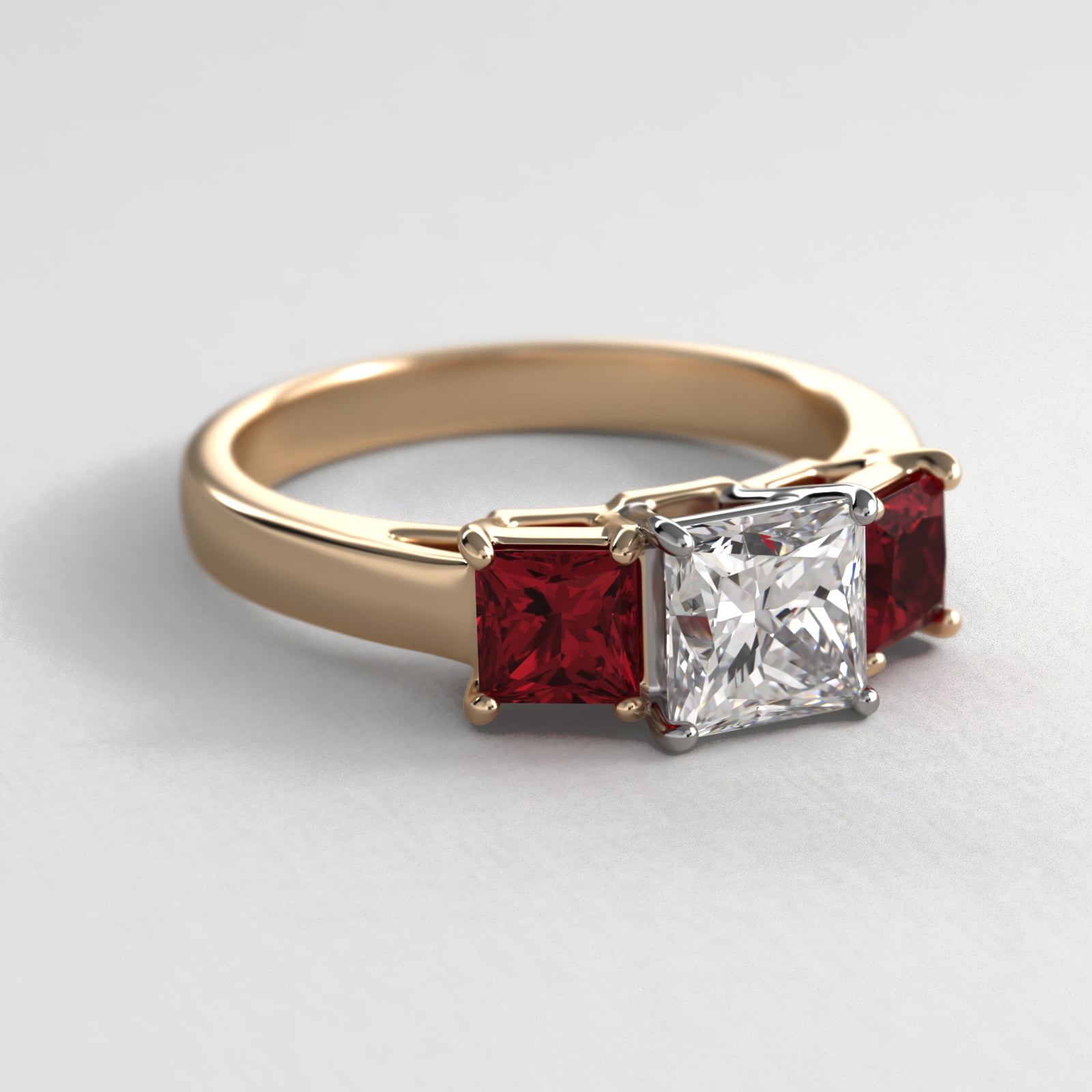 Princess Cut Ruby Three Stone Engagement Ring In 14K Yellow Gold