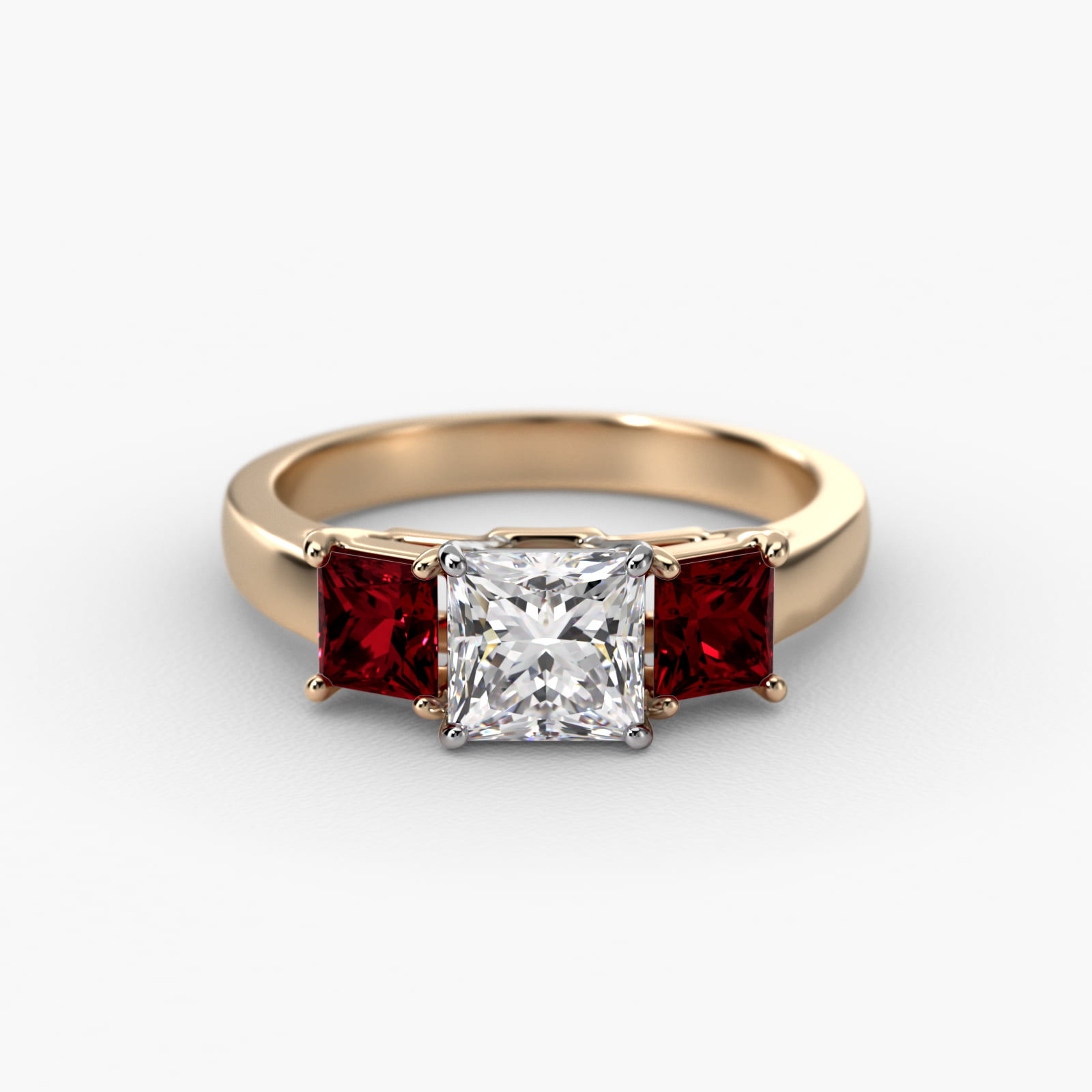 Princess Cut Ruby Three Stone Engagement Ring In 18K Yellow Gold