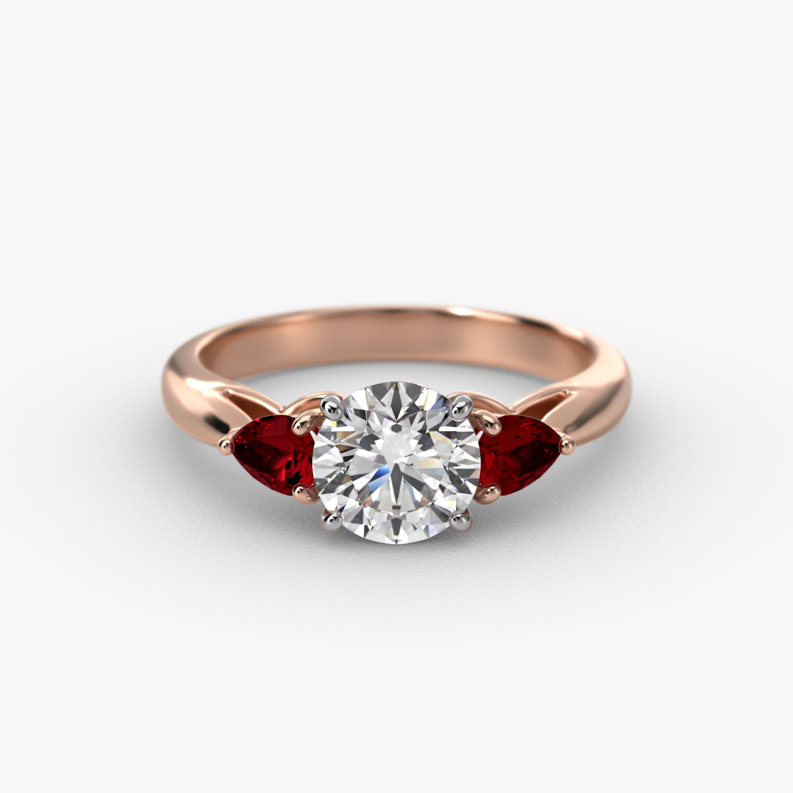 Pear Shaped Ruby Three Stone Engagement Ring In 14K Rose Gold