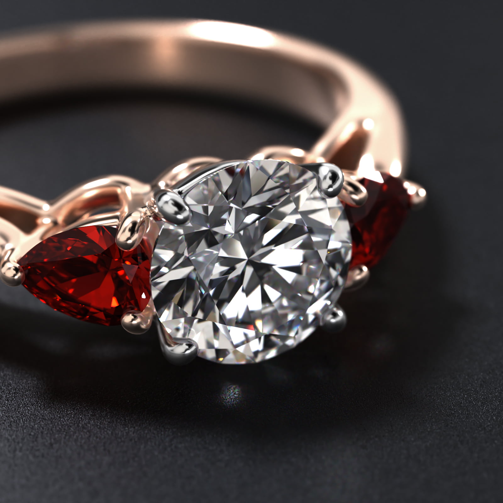 Pear Shaped Ruby Three Stone Engagement Ring In 14K Rose Gold