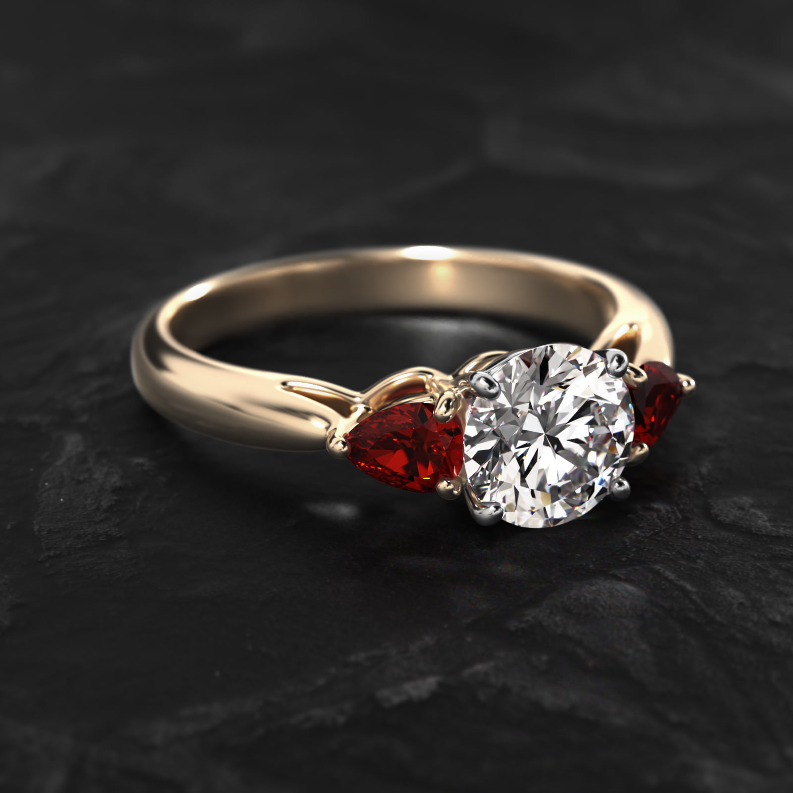 Pear Shaped Ruby Three Stone Engagement Ring In 14K Yellow Gold
