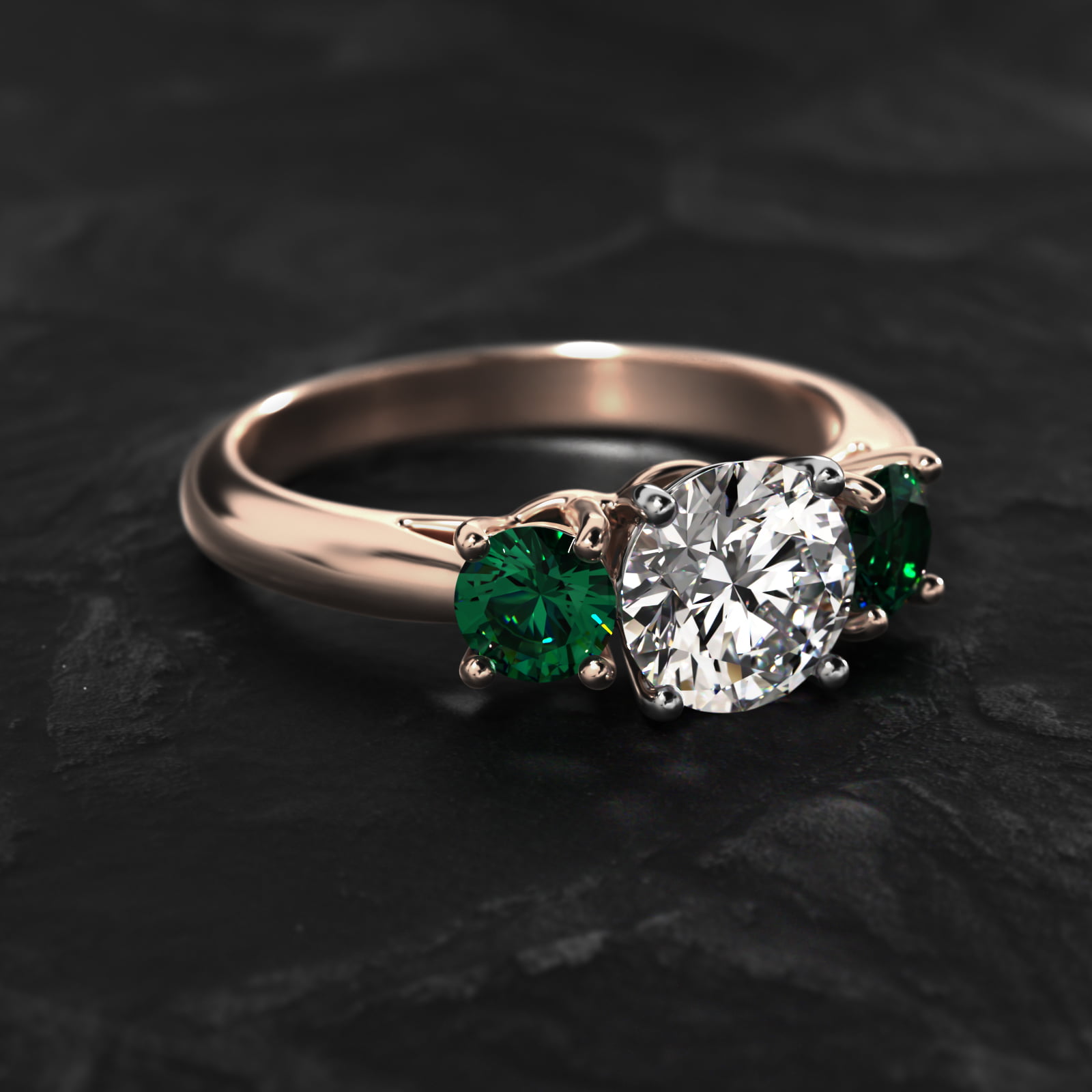 Round Emerald Three Stone Engagement Ring In 14K Rose Gold