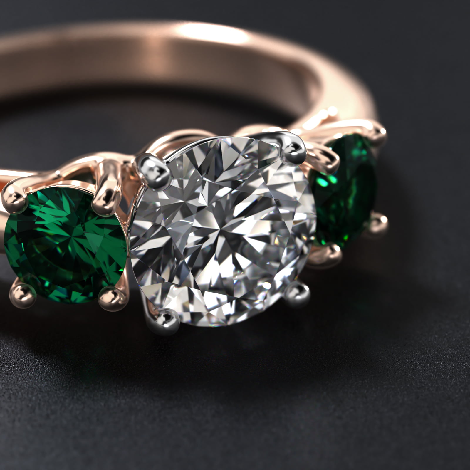 Round Emerald Three Stone Engagement Ring In 14K Rose Gold