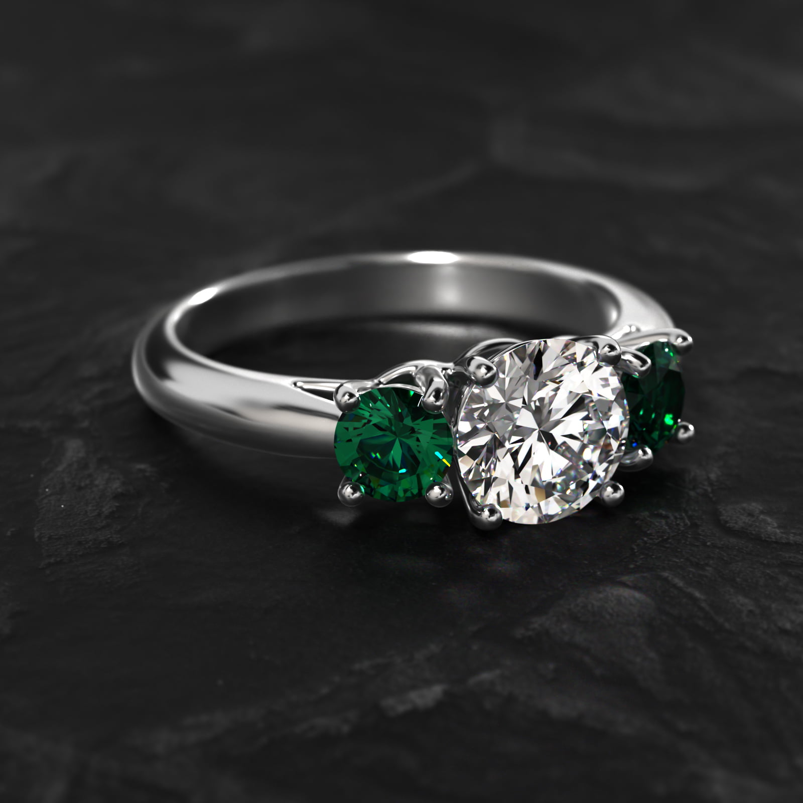 Round Emerald Three Stone Engagement Ring In 14K White Gold