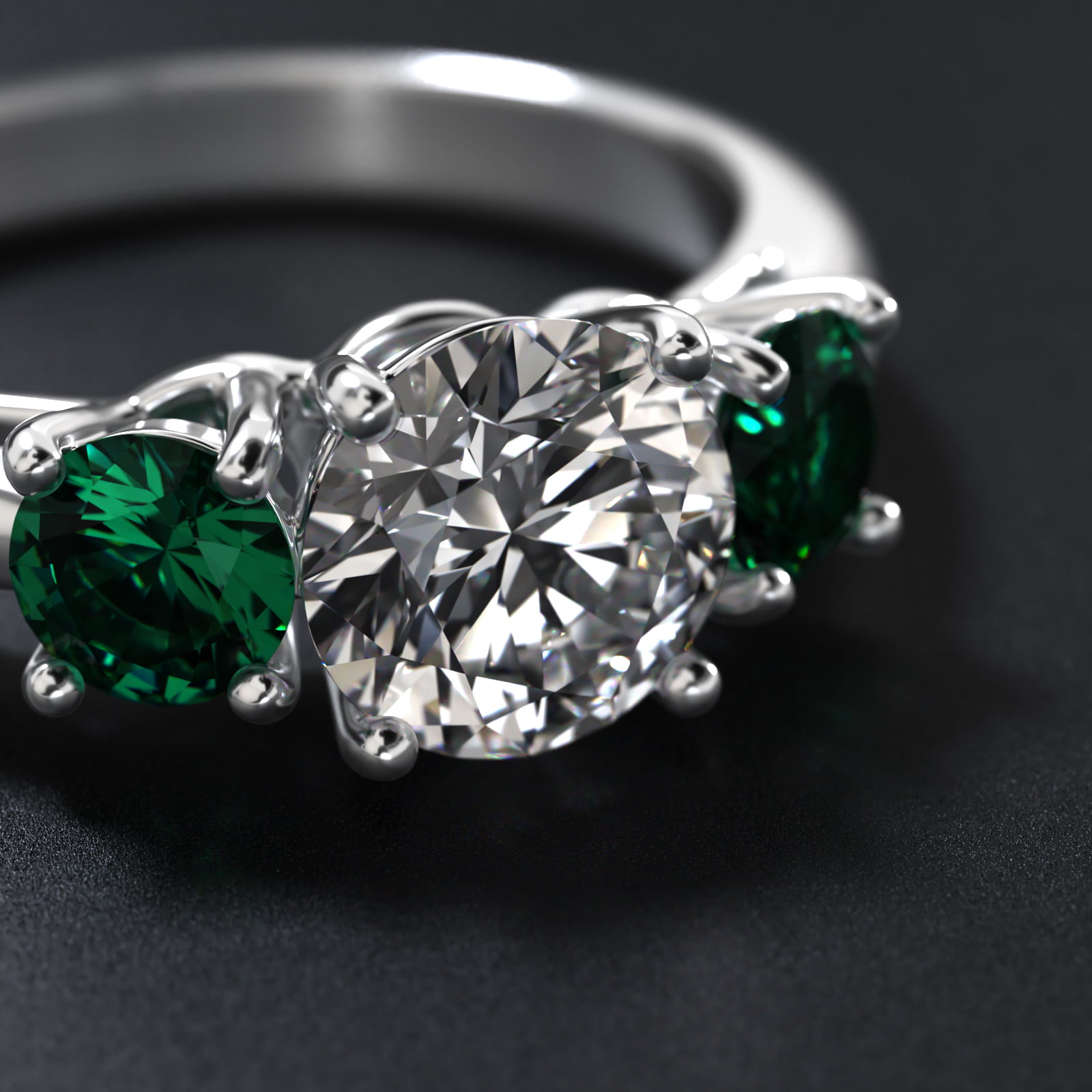 Round Emerald Three Stone Engagement Ring In 14K White Gold