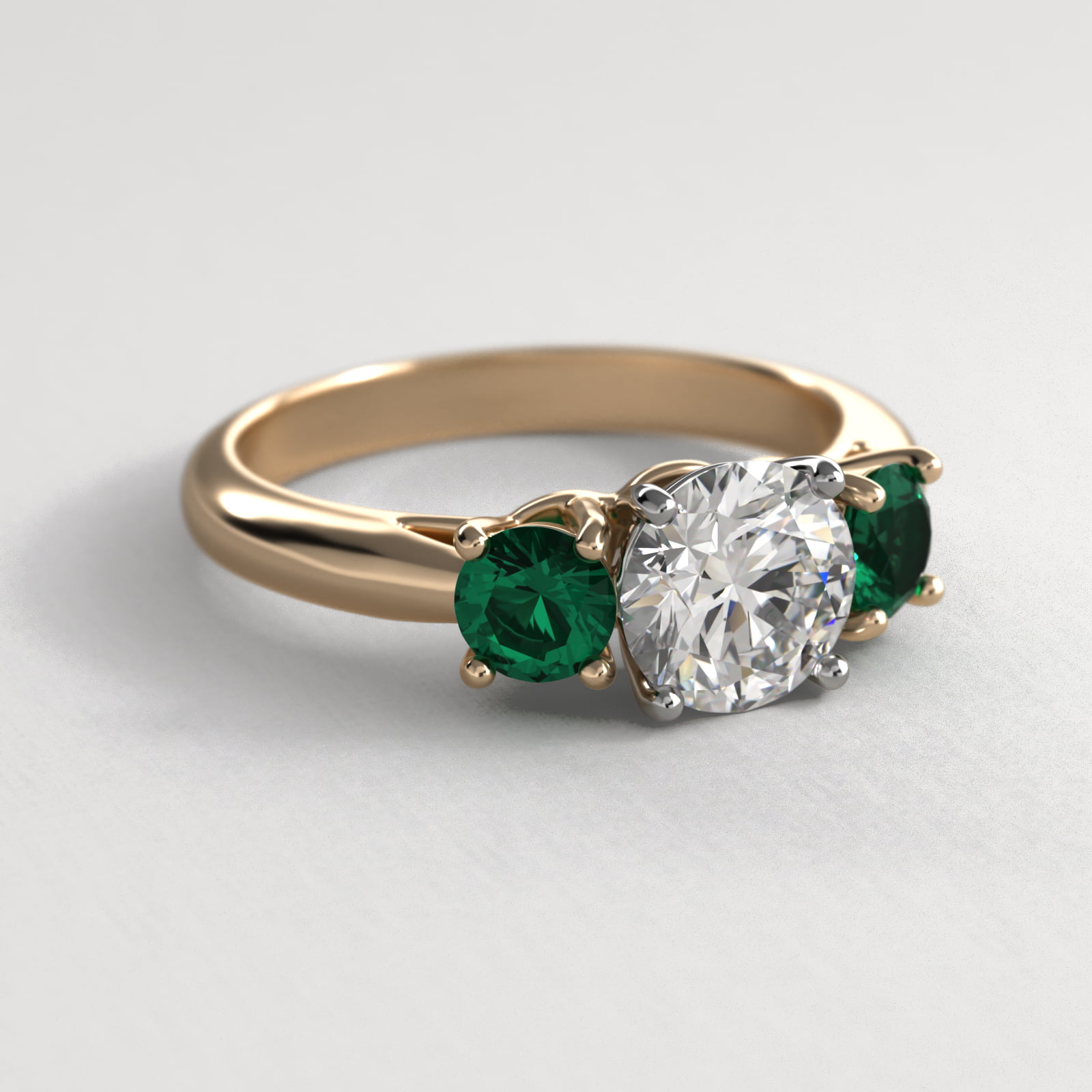 Round Emerald Three Stone Engagement Ring In 18K Yellow Gold