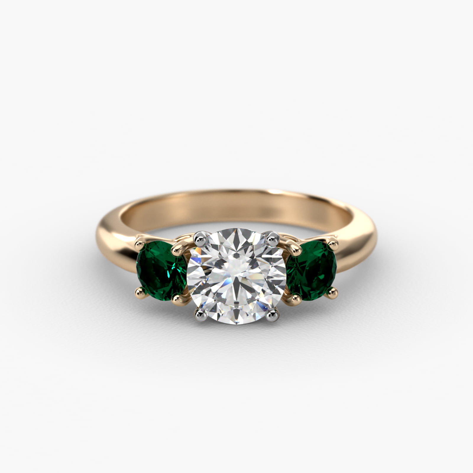 Round Emerald Three Stone Engagement Ring In 14K Yellow Gold