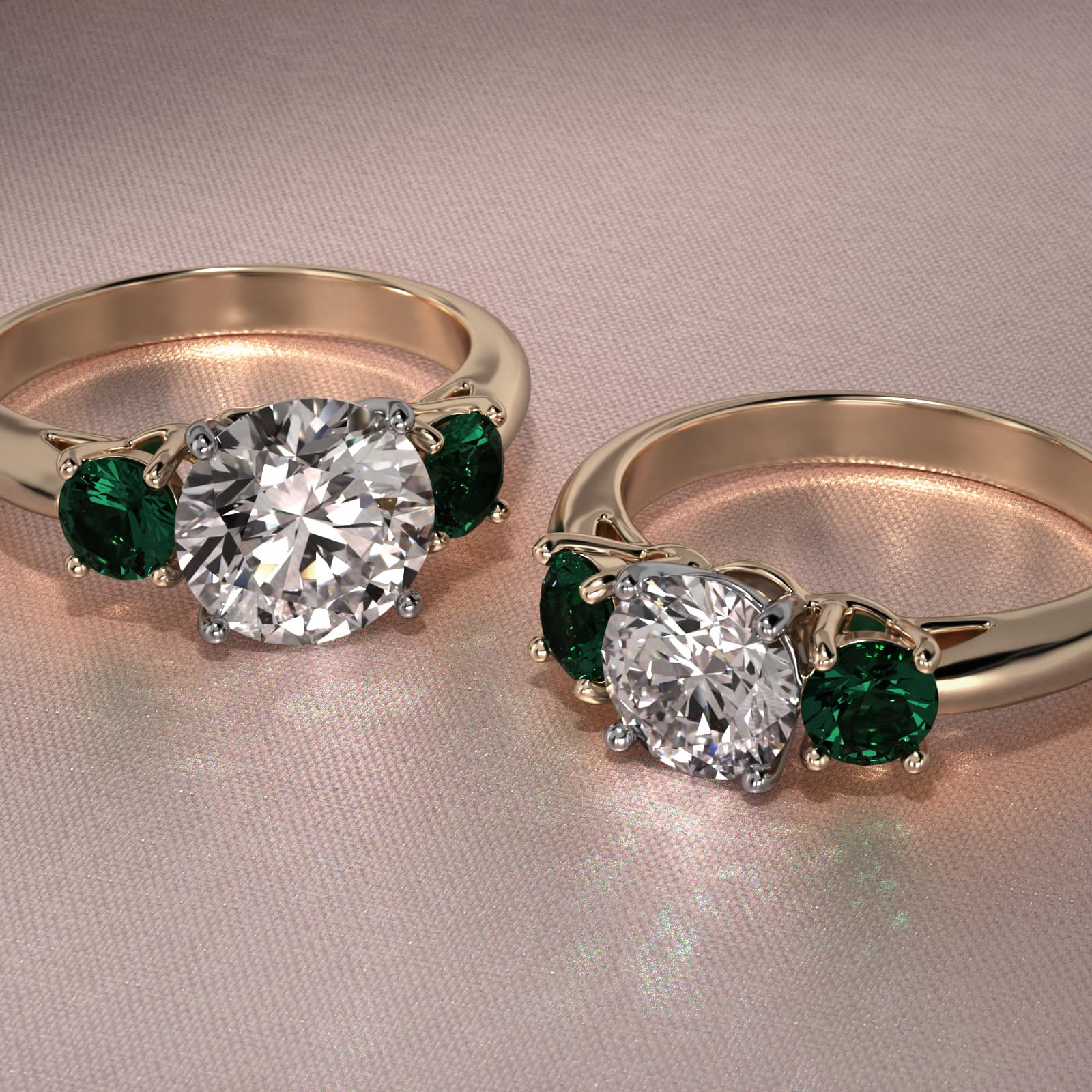 Round Emerald Three Stone Engagement Ring In 18K Yellow Gold