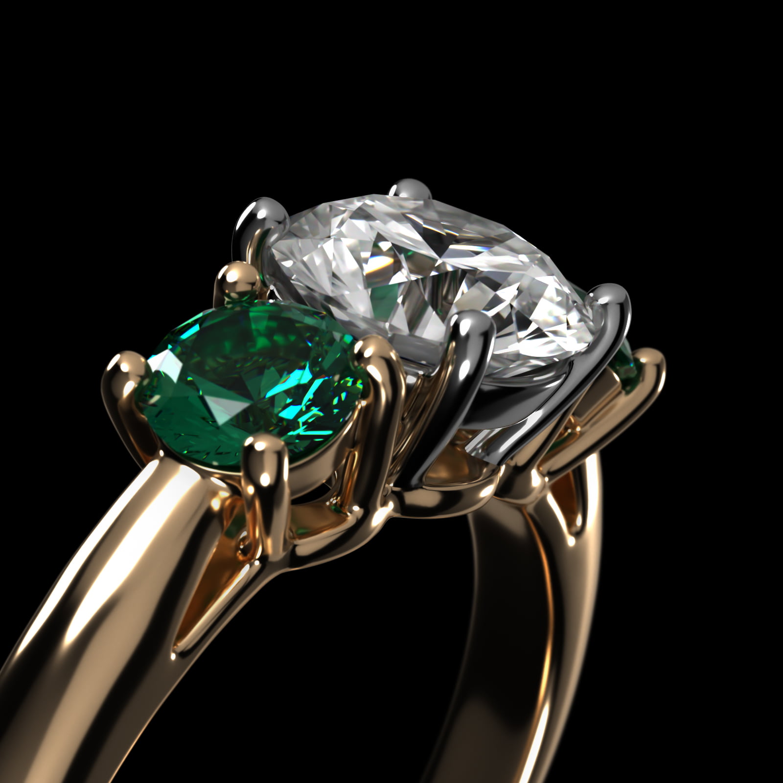 Round Emerald Three Stone Engagement Ring In 14K Yellow Gold