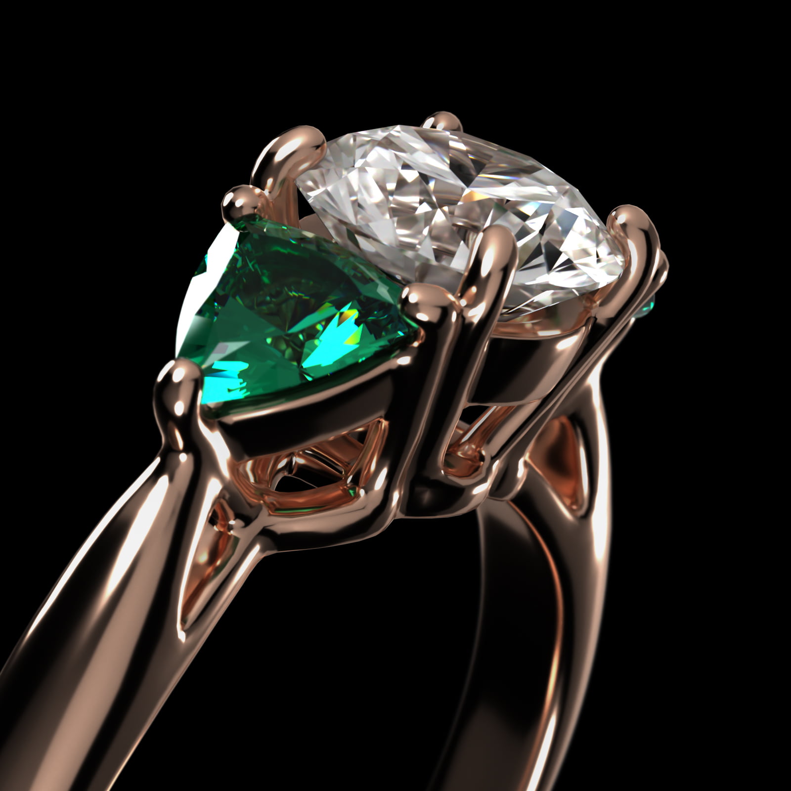 Trillion Cut Emerald Three Stone Engagement Ring In 14K Rose Gold