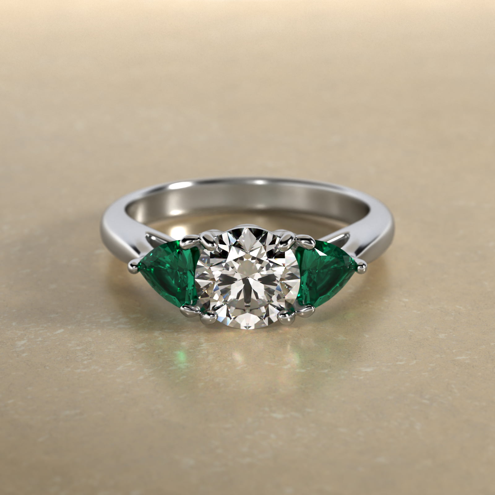 Trillion Cut Emerald Three Stone Engagement Ring In 18K White Gold