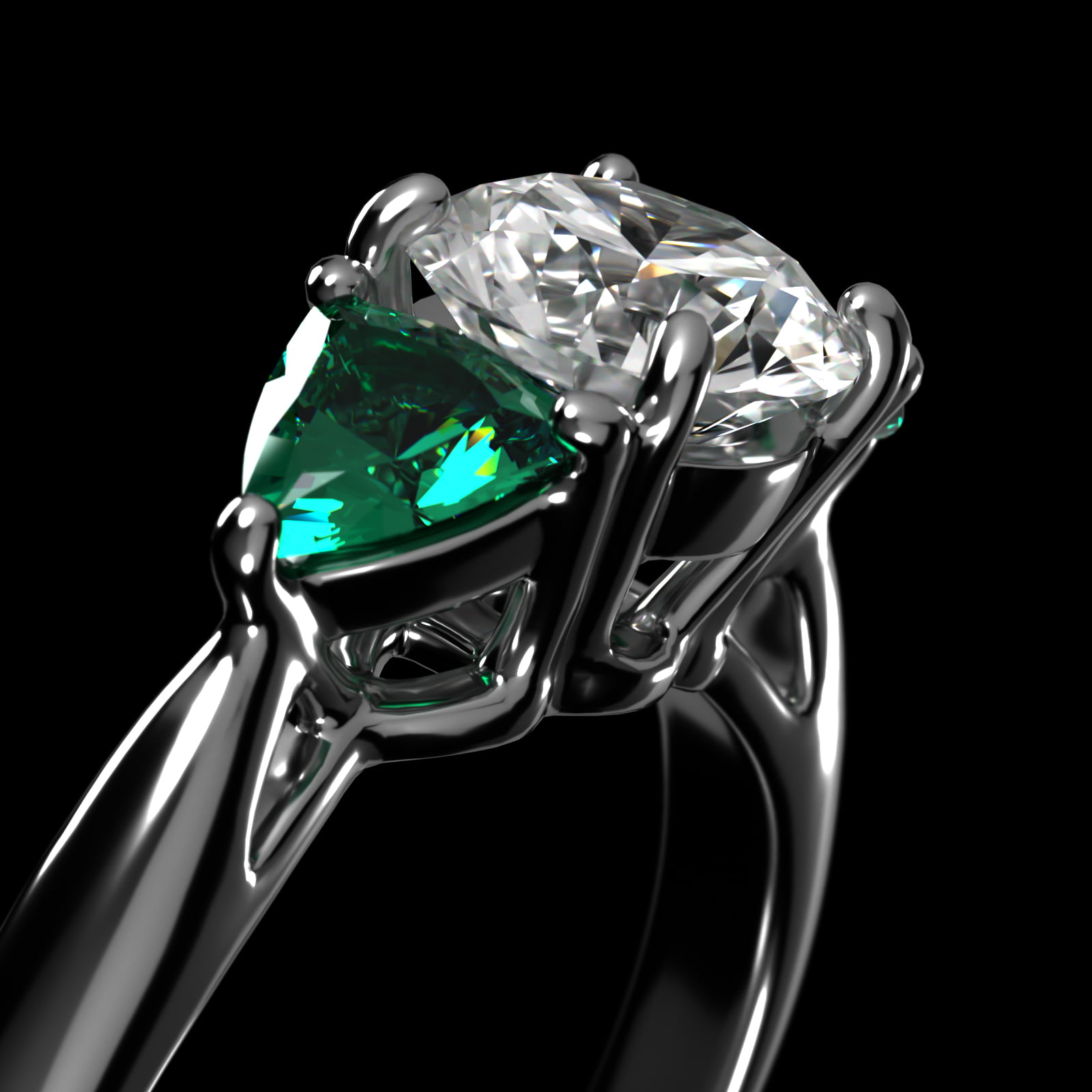 Trillion Cut Emerald Three Stone Engagement Ring In 14K White Gold