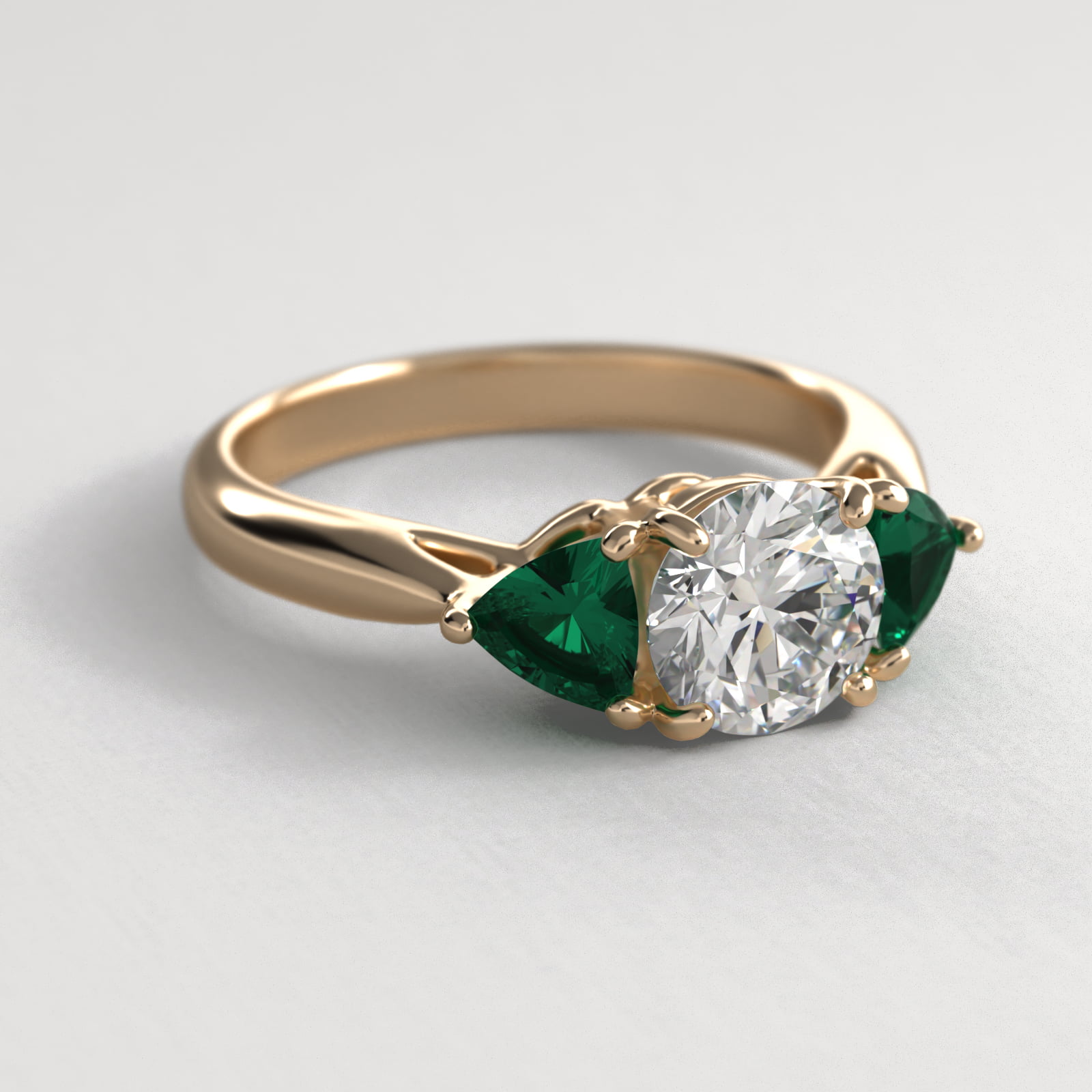 Trillion Cut Emerald Three Stone Engagement Ring In 14K Yellow Gold