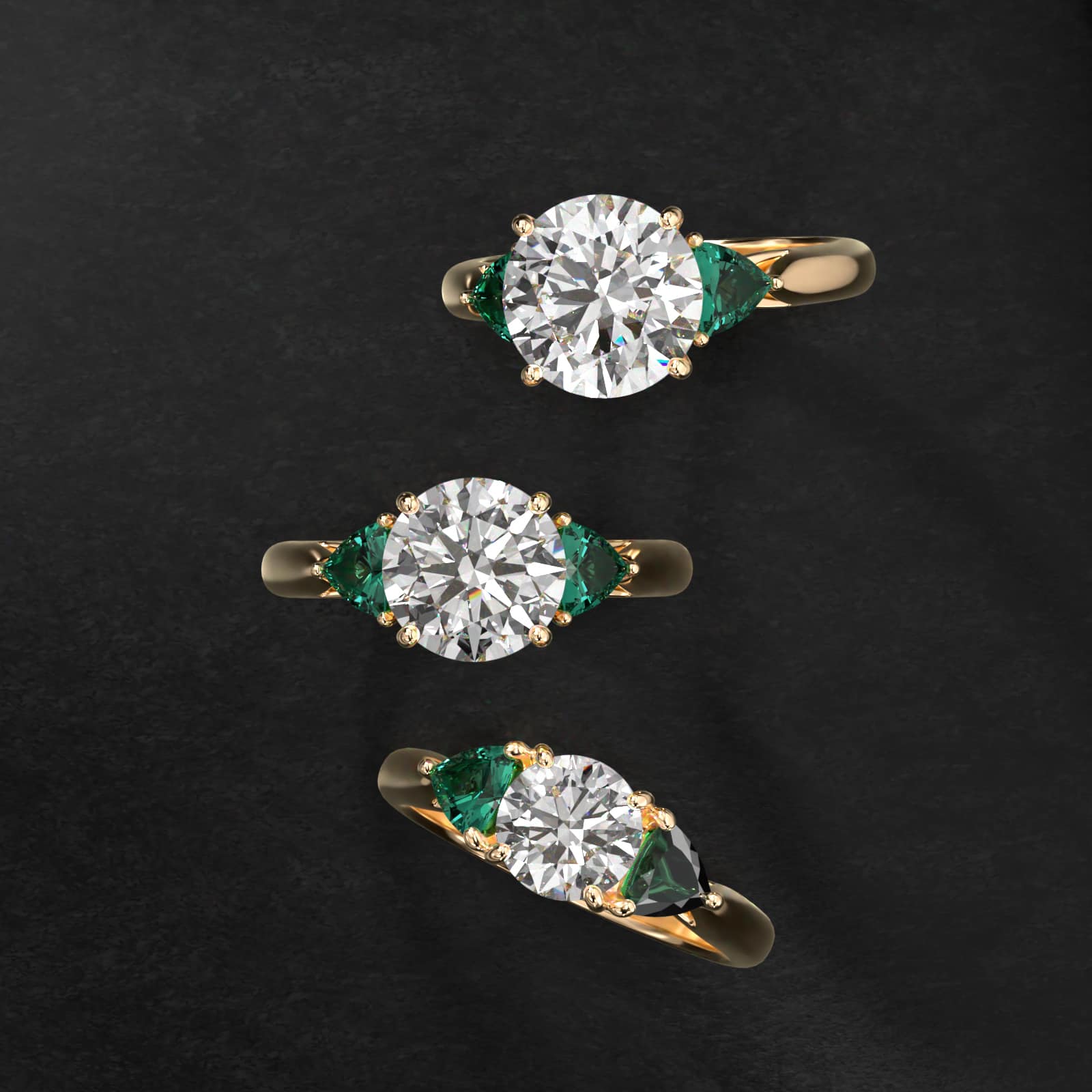 Trillion Cut Emerald Three Stone Engagement Ring In 14K Yellow Gold