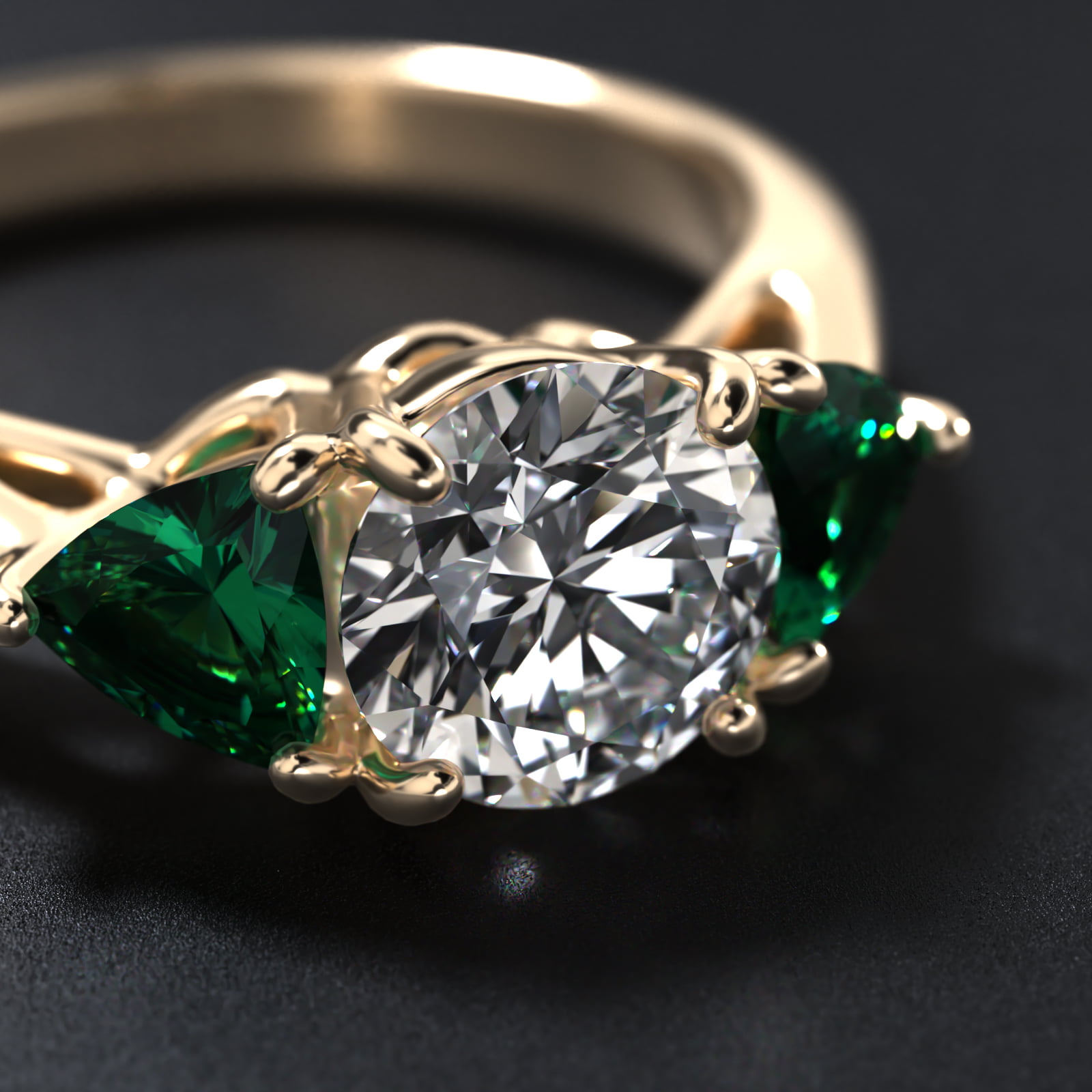 Trillion Cut Emerald Three Stone Engagement Ring In 18K Yellow Gold