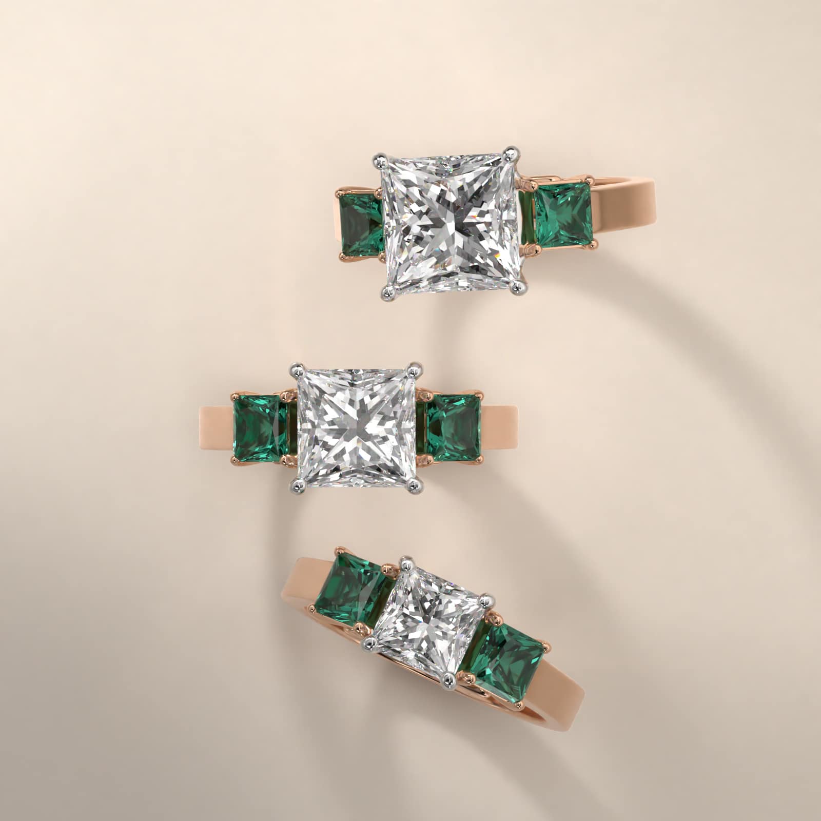 Step-Cut Emerald Three Stone Engagement Ring In 14K Rose Gold