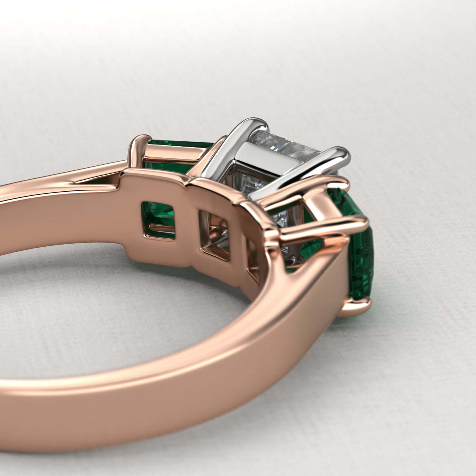 Step-Cut Emerald Three Stone Engagement Ring In 14K Rose Gold