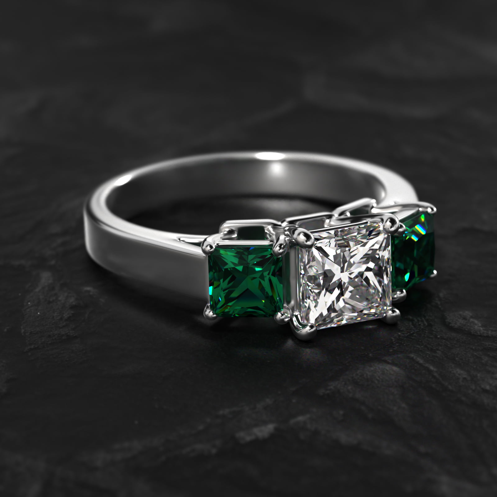 Step-Cut Emerald Three Stone Engagement Ring In 14K White Gold