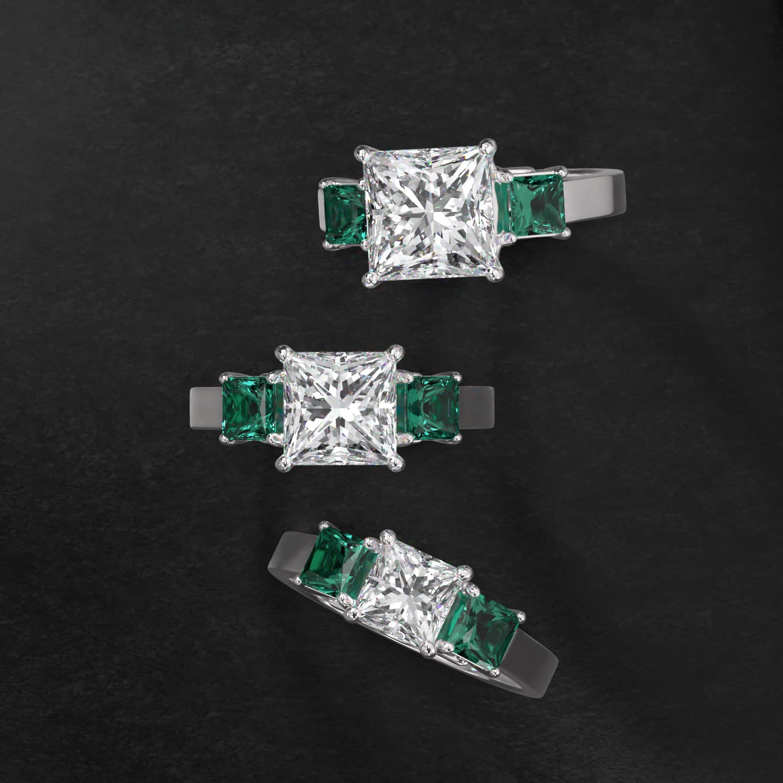 Step-Cut Emerald Three Stone Engagement Ring In 14K White Gold