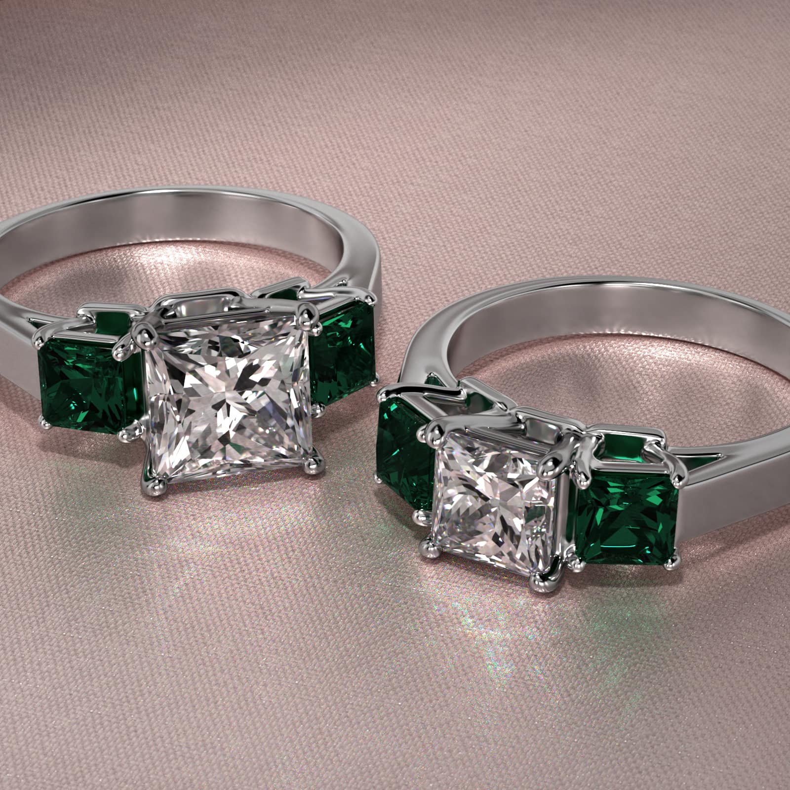 Step-Cut Emerald Three Stone Engagement Ring In Platinum
