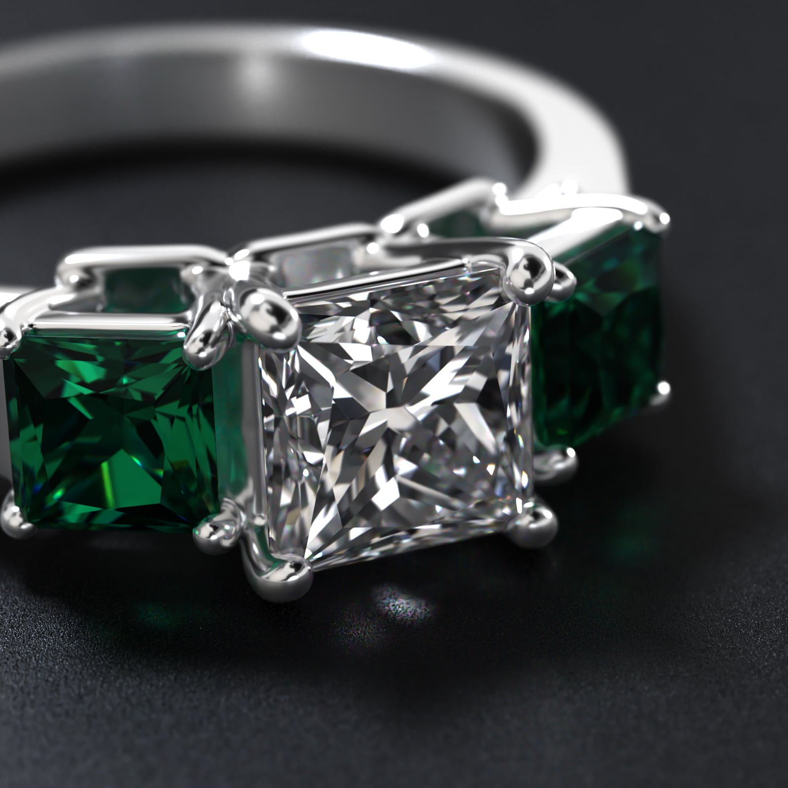 Step-Cut Emerald Three Stone Engagement Ring In 14K White Gold
