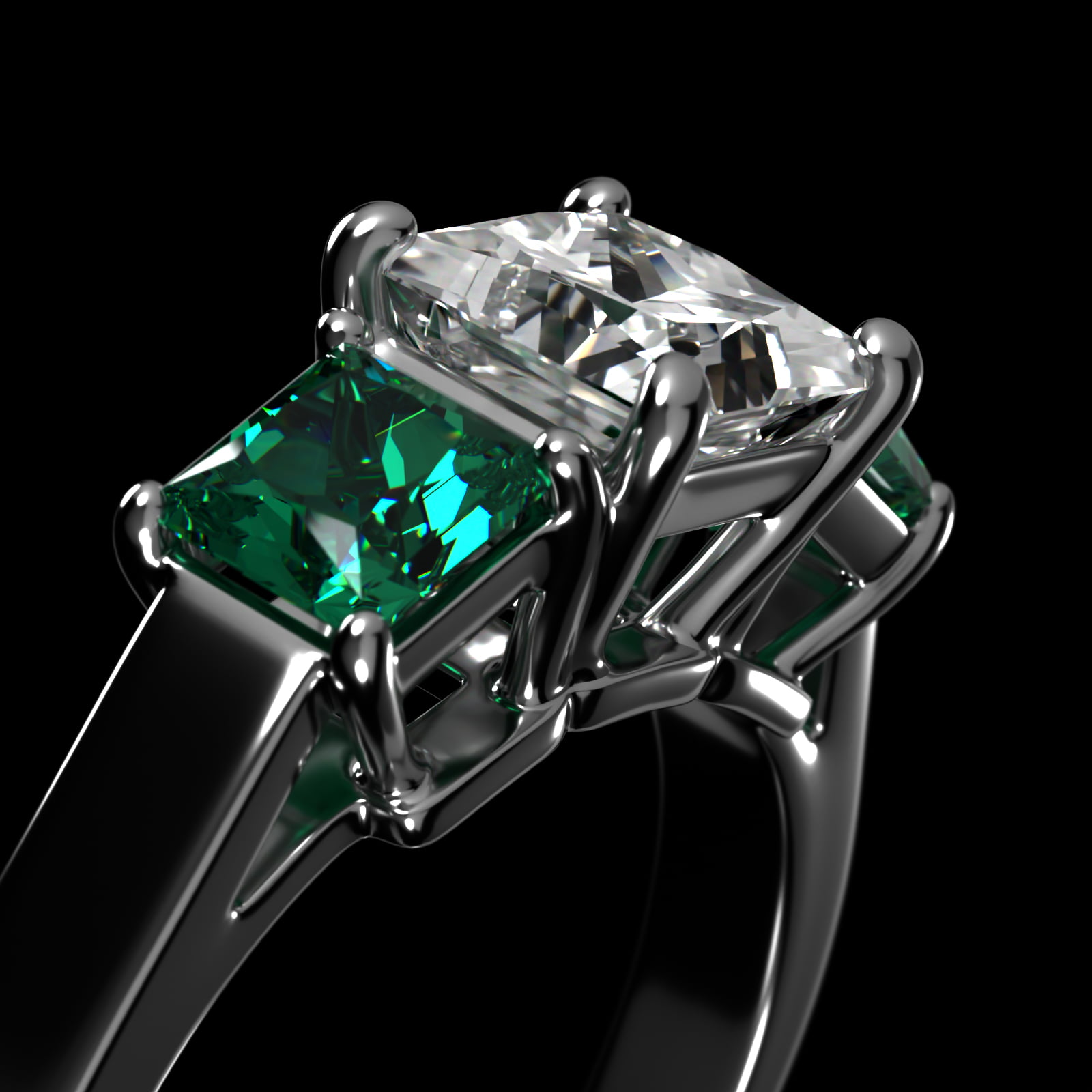 Step-Cut Emerald Three Stone Engagement Ring In Platinum
