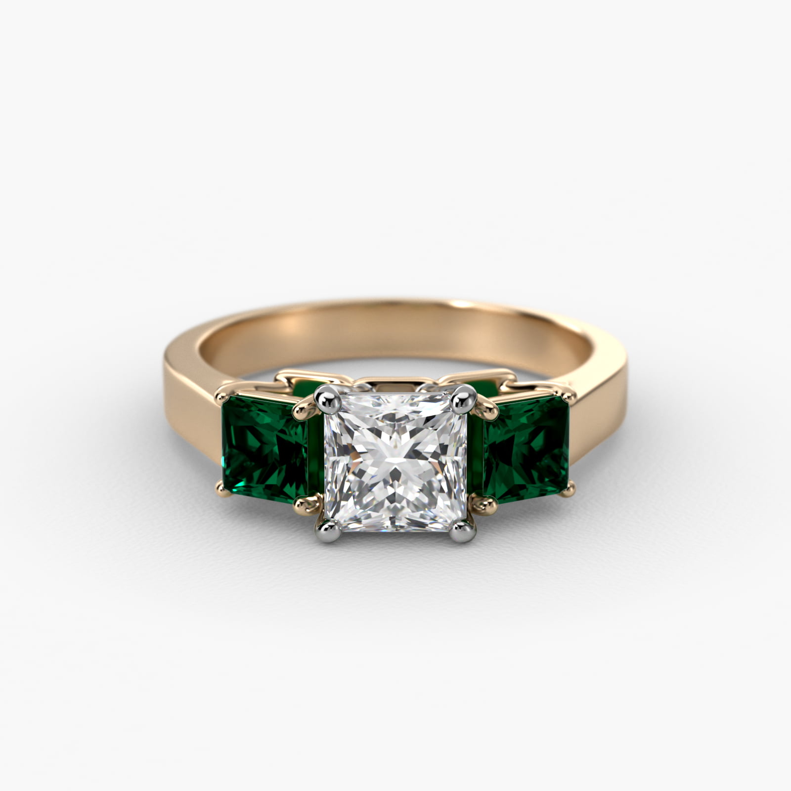 Step-Cut Emerald Three Stone Engagement Ring In 18K Yellow Gold